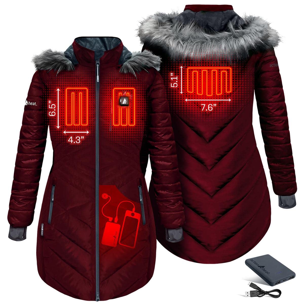 ActionHeat Women's Long Puffer Heated Jacket - Winter Heated Coat with Hood, Battery-Powered Warm Jacket for Outdoor Activities, Skiing, and Cold Weather Commuting