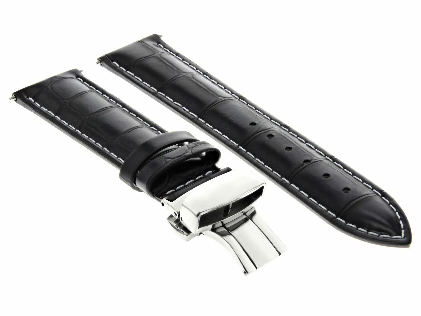 20mm Genuine Leather Watch Band Strap with Deployment Clasp - Compatible with Kenneth Cole Watches (Black with White Stitching) | Replacement Watch Strap for Men & Women | Dress Watch Accessory for Business & Formal Occasions
