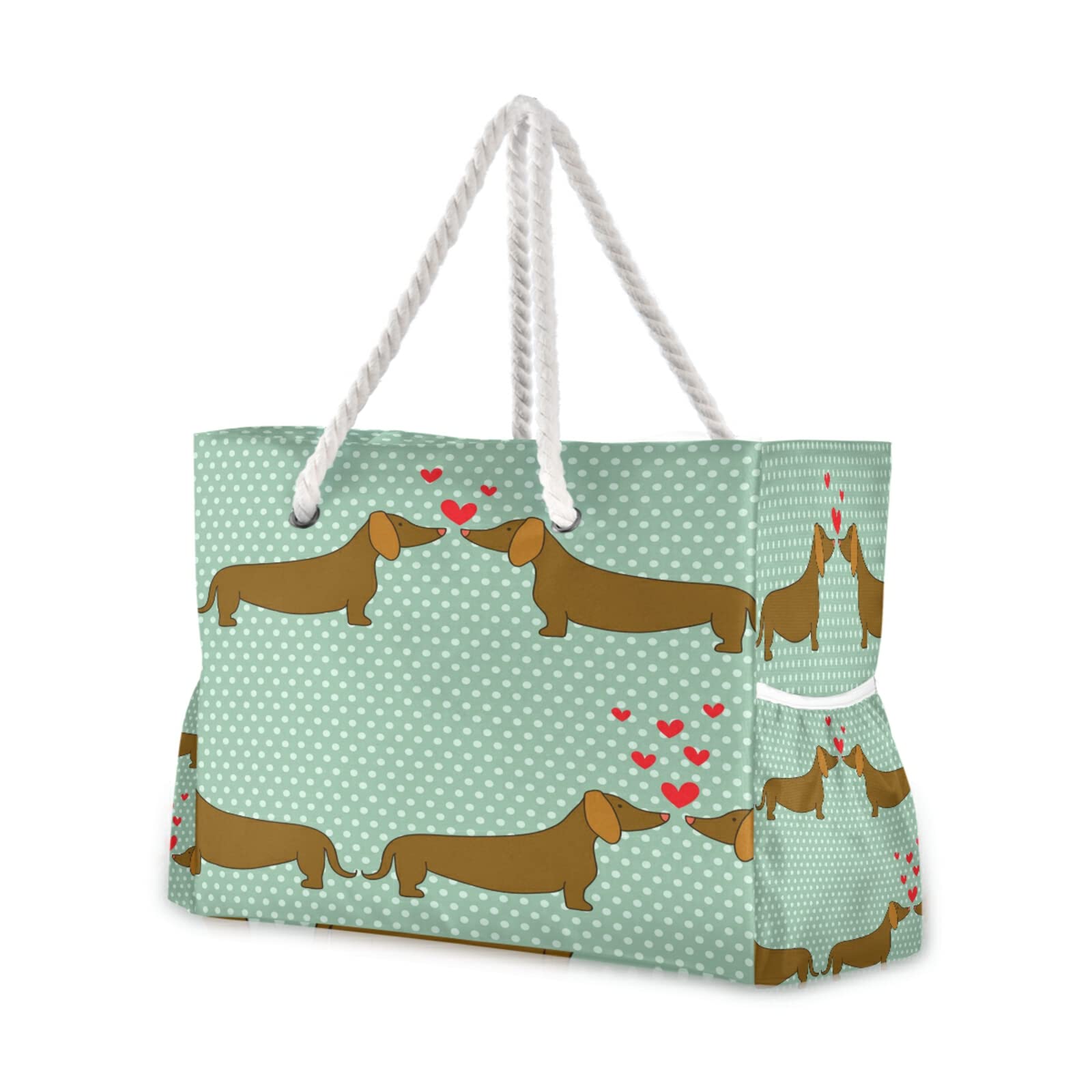 ALAZA Dachshund Puppy Dog Print Polka Dot Tote Bag - Large Beach Bag with Rope Handles for Women, Shopping, Groceries, Travel & Outdoor Activities - Perfect for Beach Day, Picnic, and Daily Use