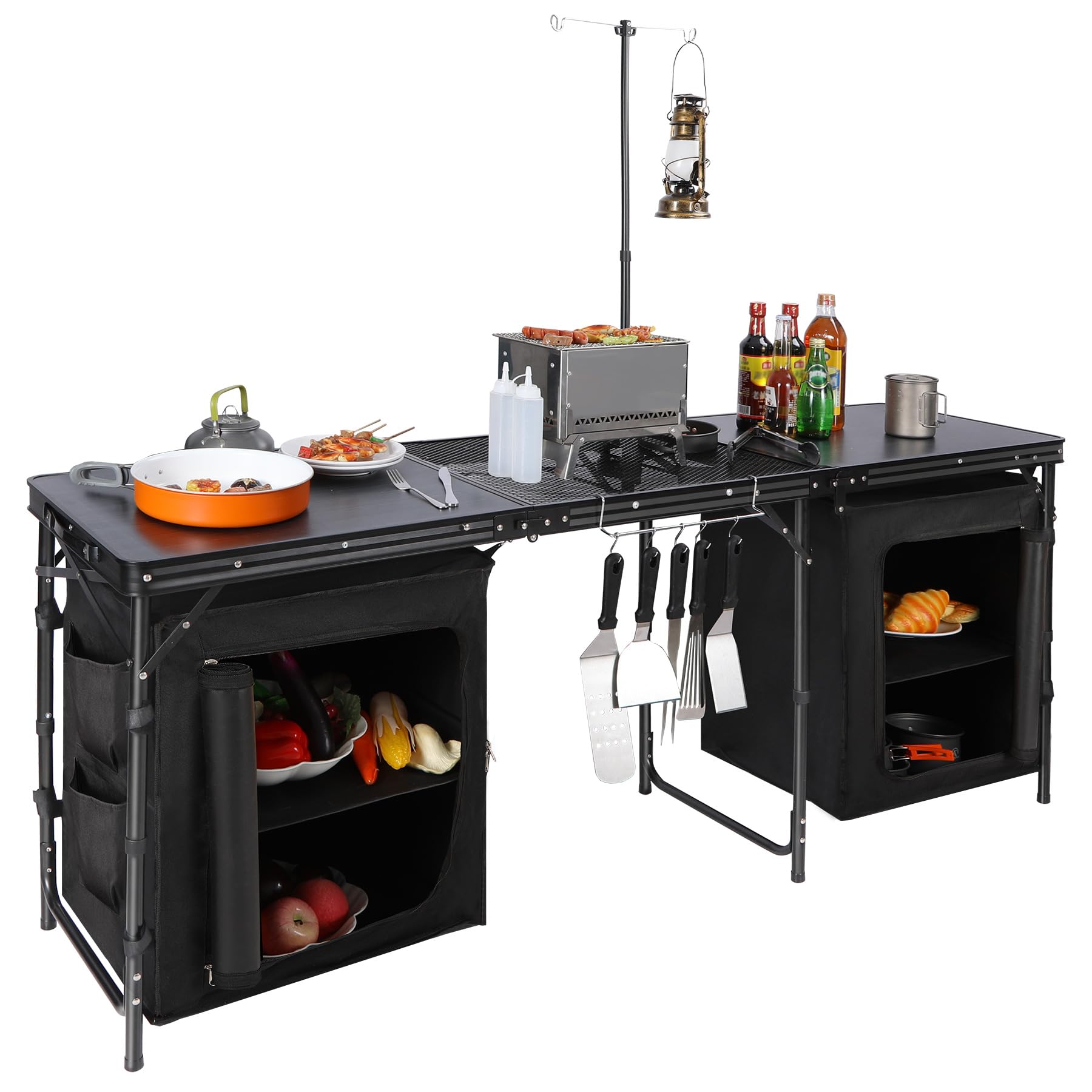 REDCAMP Extra Long Camping Kitchen Tri-fold Table - Portable Outdoor Cook Station with Storage Organizer | Perfect for Camping, Picnics, Backyard BBQs & Tailgating | Quick Setup Black Grill Table