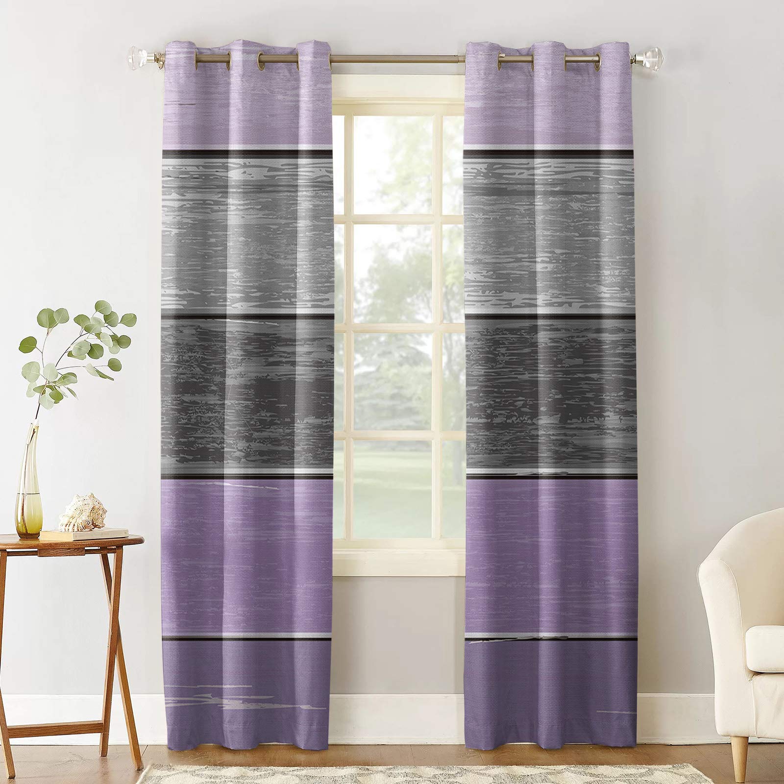 Prime Leader Blackout Curtains 84 Inch Long - Thermal Insulated Room Darkening Drapes with Grommet, Wood Grain Stripe in Purple & Grey (40
