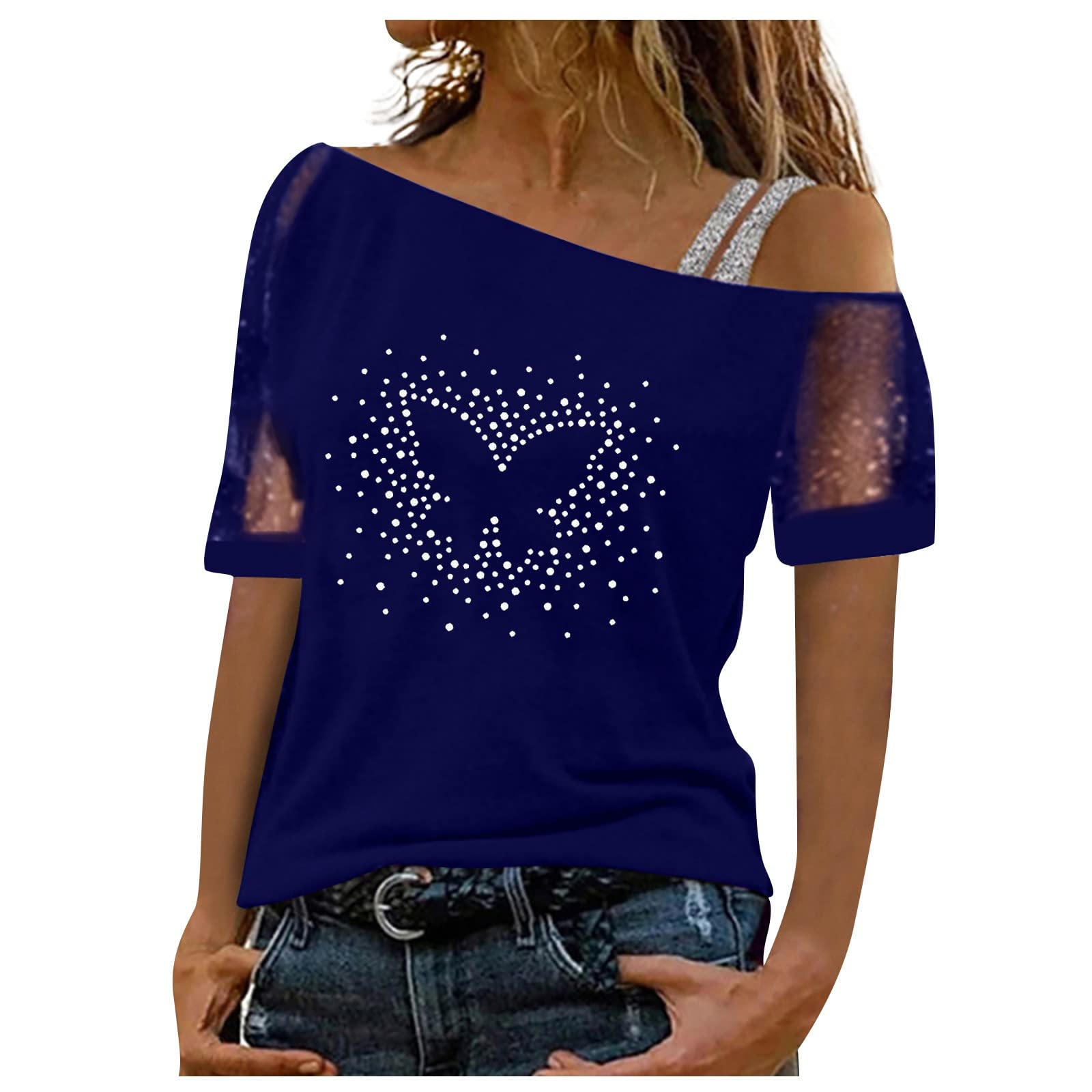 Women's Sexy Off Shoulder Printed Short Sleeve T-Shirt - Trendy Graphic Blouse for Casual Wear, Summer Outfits & Beach Vacation
