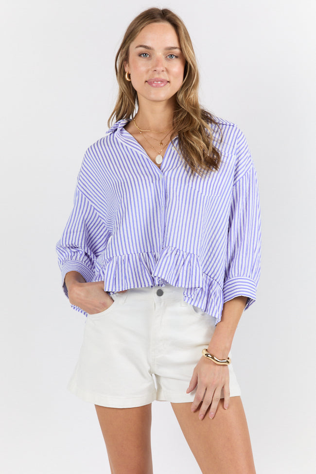 Stylish Blue Ruffle Hem Textured Stripe Button Down Blouse for Women - Perfect for Office Wear, Casual Outings & Date Nights