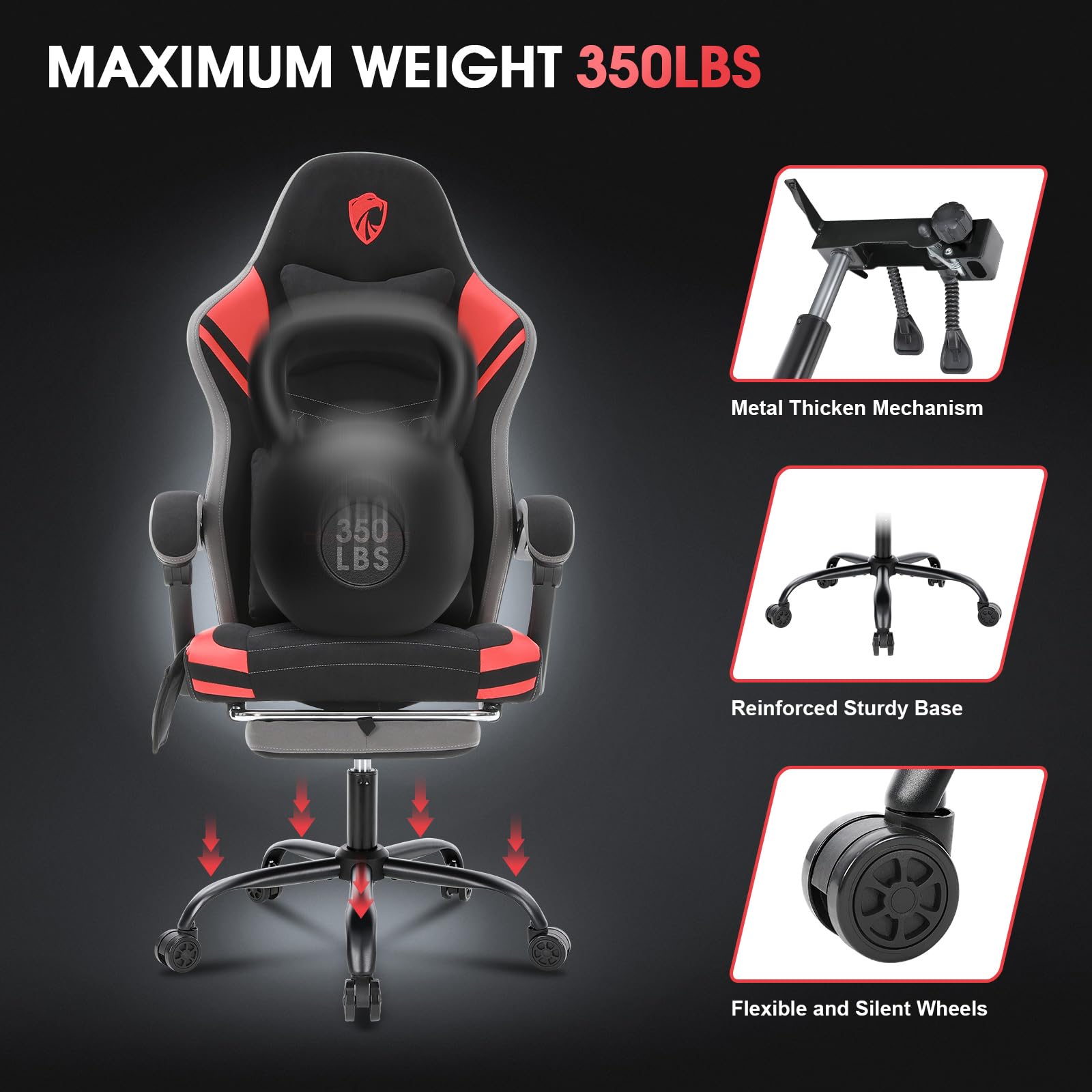 Premium Gaming Chair with Massage & Lumbar Support - Ergonomic High Back Office Chair with Widened Pocket Spring Cushion, Adjustable Footrest & Upgraded Metal Base (350LBS Capacity) - Perfect for PC Gaming, Home Office & Esports (Red)