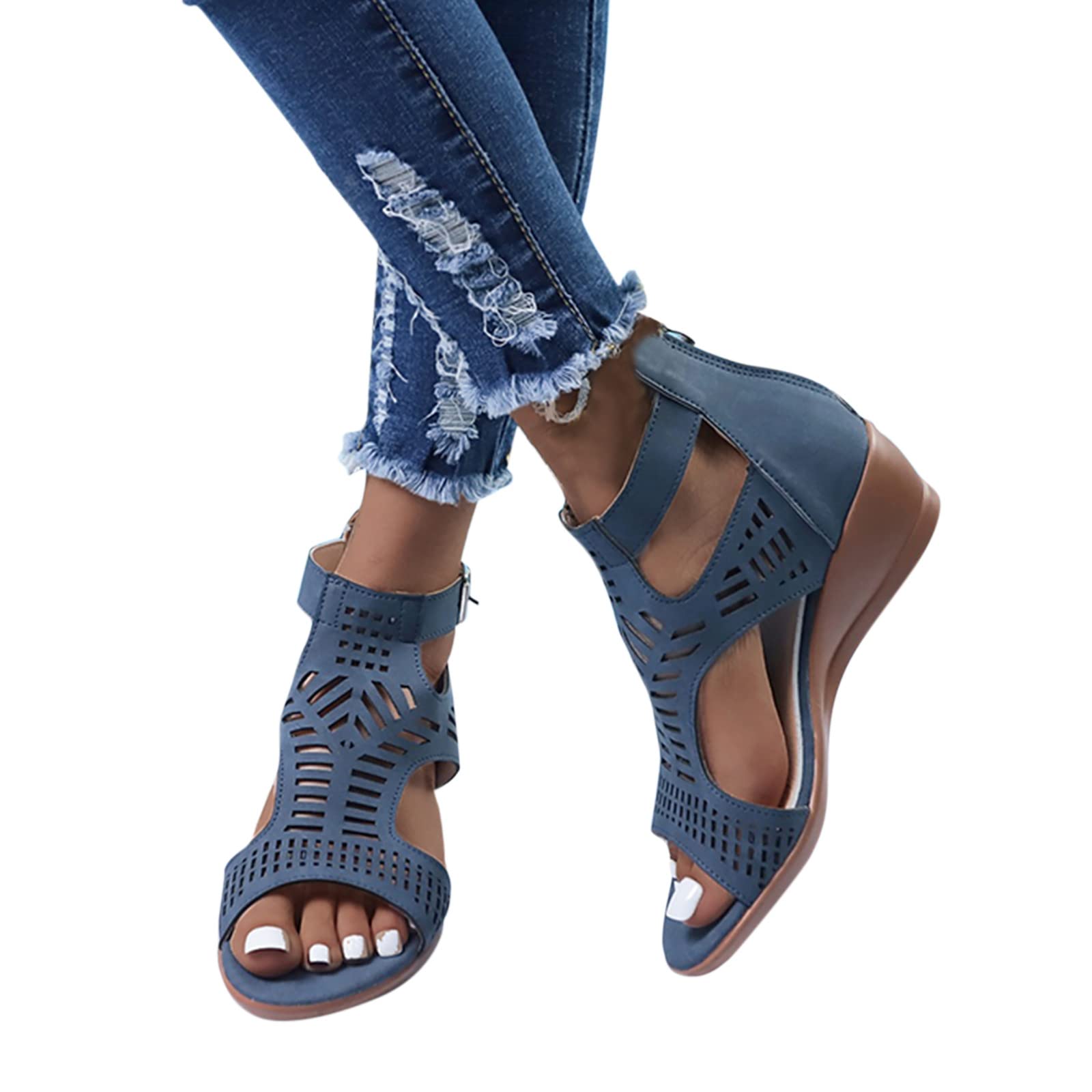 Women's Casual Buckle Cutout Peep Toe Wedge Heel Sandals - Stylish Summer Walking Shoes for Beach, Party & Everyday Wear