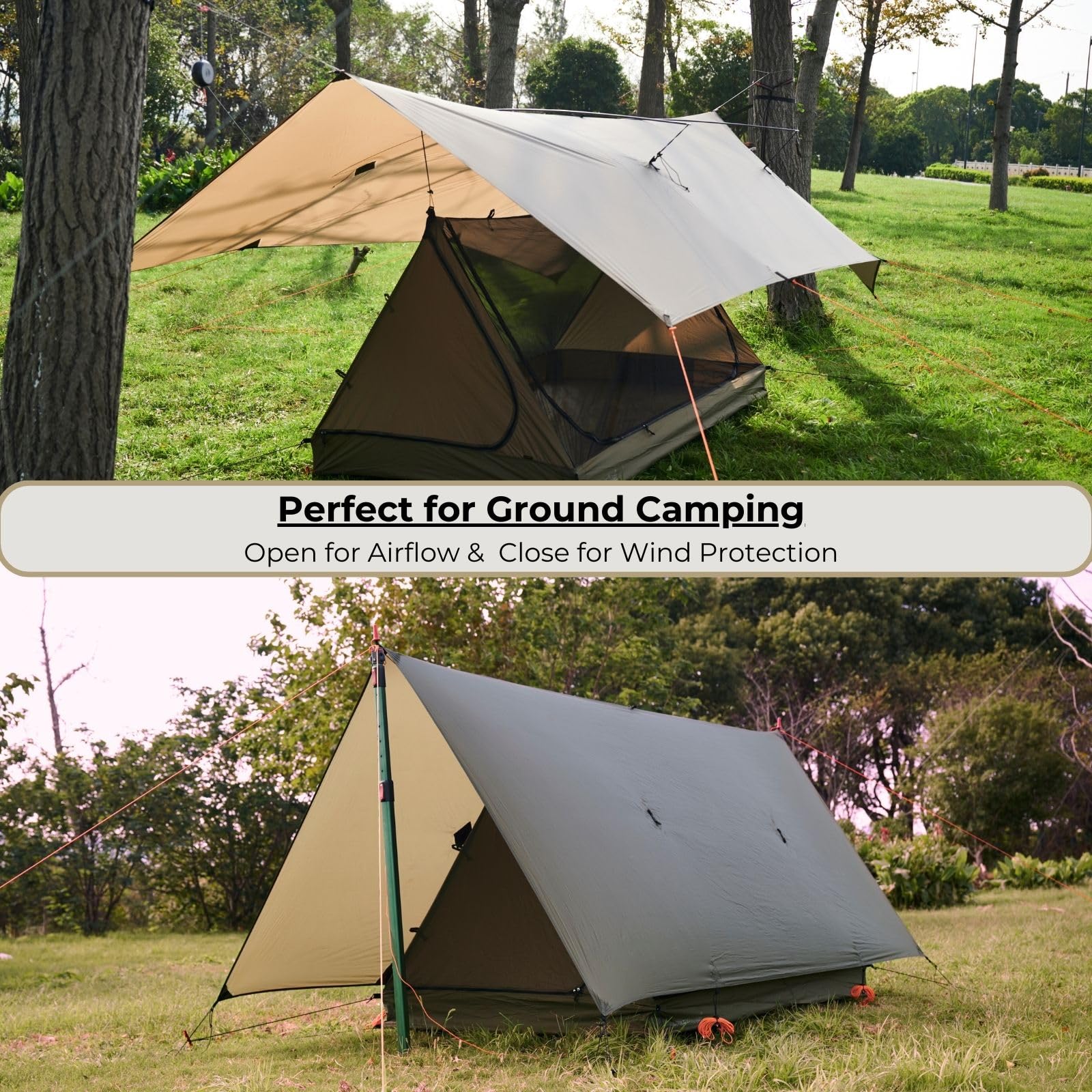 OneWind 12x10 ft Ultralight Silnylon Hammock Rain Fly - Waterproof Camping Tarp with Doors, Easy Setup with Stuff Sack & Tent Stakes (OD Green) - Perfect for Backpacking, Hiking, and Outdoor Shelter