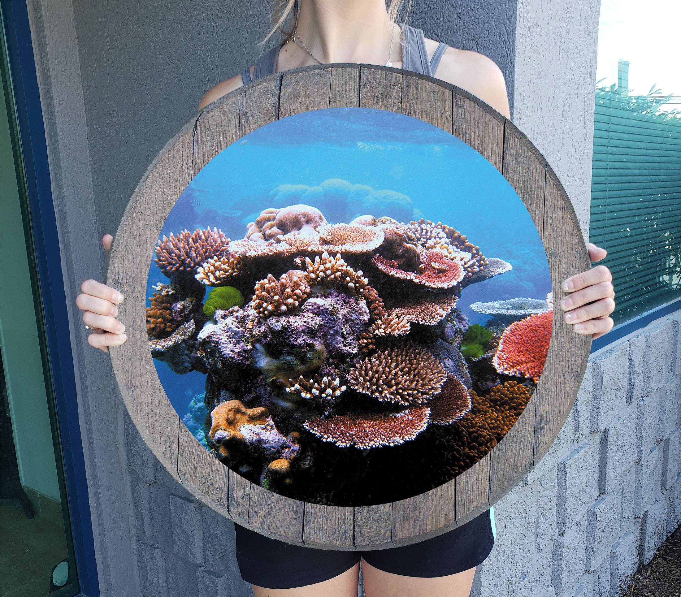 Coral Reef Ocean Art Wall Decor - Sea Life Wooden Wall Art for Man Cave, Home, Bar & Office - Rustic Barnwood Gray Whiskey Barrel Lid - Perfect for Coastal, Nautical & Beach Themed Rooms