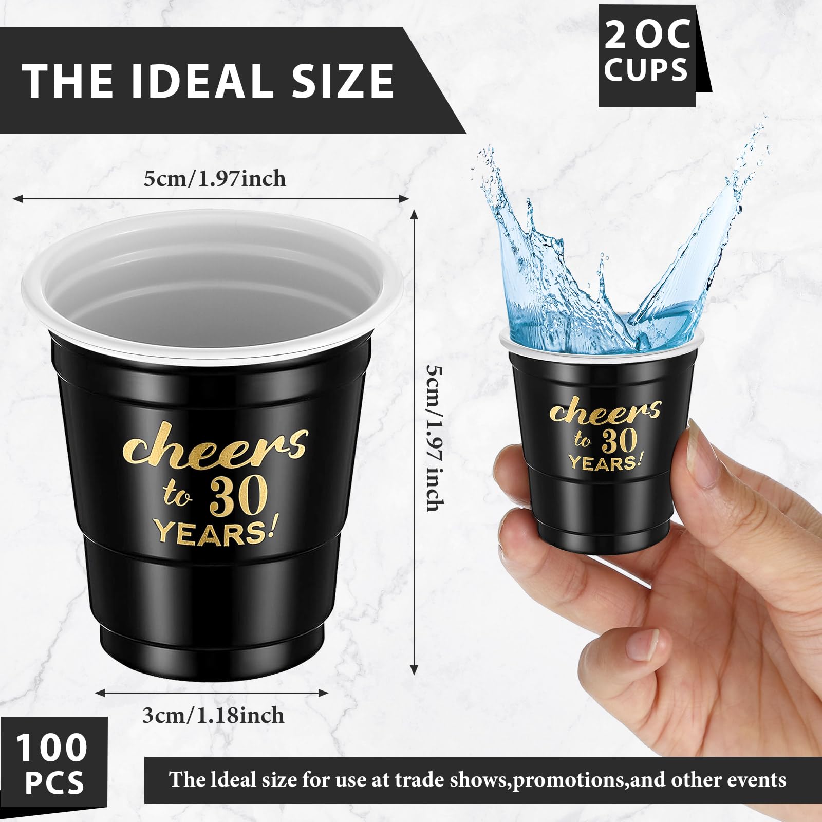 100 Pcs 2oz Disposable Plastic Shot Glasses - Cheers to 30 40 50 60 70 Years Birthday Party Cups in Black & Gold - Perfect for Anniversary Decorations, Stadium Parties & Celebrations for Men & Women
