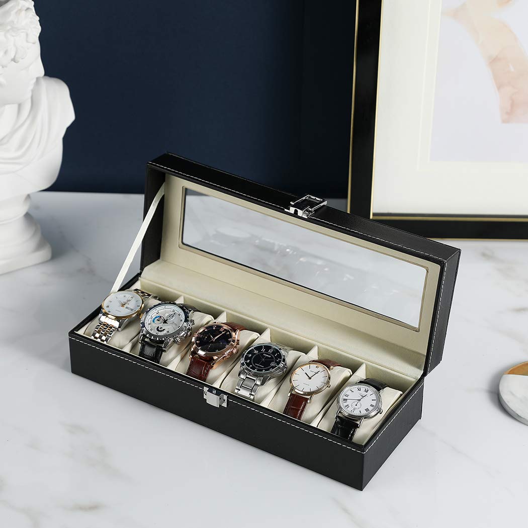 Premium 6-Slot Watch Display Case with Glass Lid & Removable Pillow - Luxury Black Leather Watch Box Organizer for Men | Perfect for Watch Collection Storage, Jewelry Organization & Gift Giving