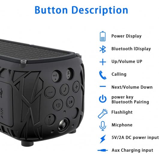ABFOCE Solar Bluetooth Speaker - IPX6 Waterproof, 60H Playtime, 5000mAh Battery, LED Lights - Portable Wireless Outdoor Speaker for Travel, Beach, Pool, Camping & Shower - Perfect for Parties, Hiking & Backyard BBQs