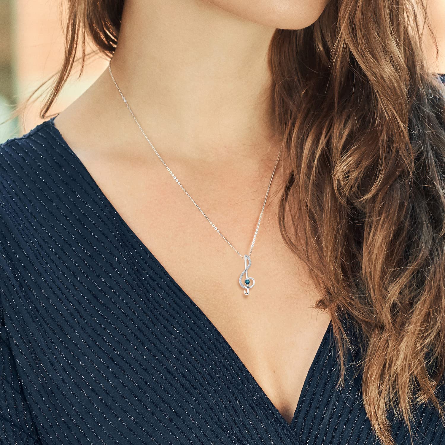 925 Sterling Silver Treble Clef Pendant Necklace with Blue Diamond & White Moissanite (0.29 CTTW) - 18 Inch Chain | Music Inspired Jewelry Gift for Women | Perfect for Concerts, Anniversaries & Special Occasions
