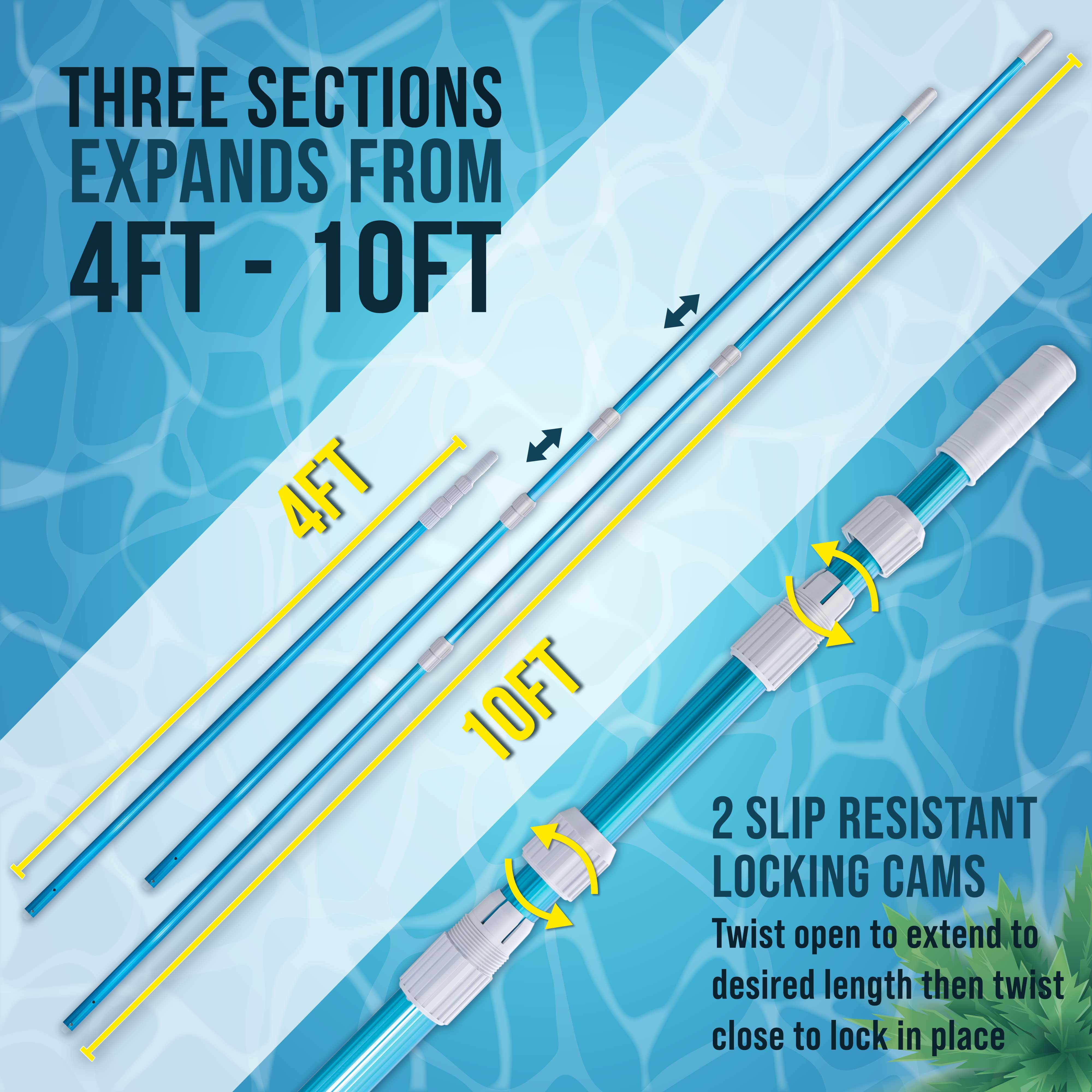 10ft Blue Anodized Aluminum Telescopic Pool Pole - Adjustable 3-Piece Swimming Pool Cleaning Pole with Skimmer Net Attachment | Professional Pool Maintenance Tool for Skimming Leaves & Debris | Perfect for In-Ground & Above Ground Pools