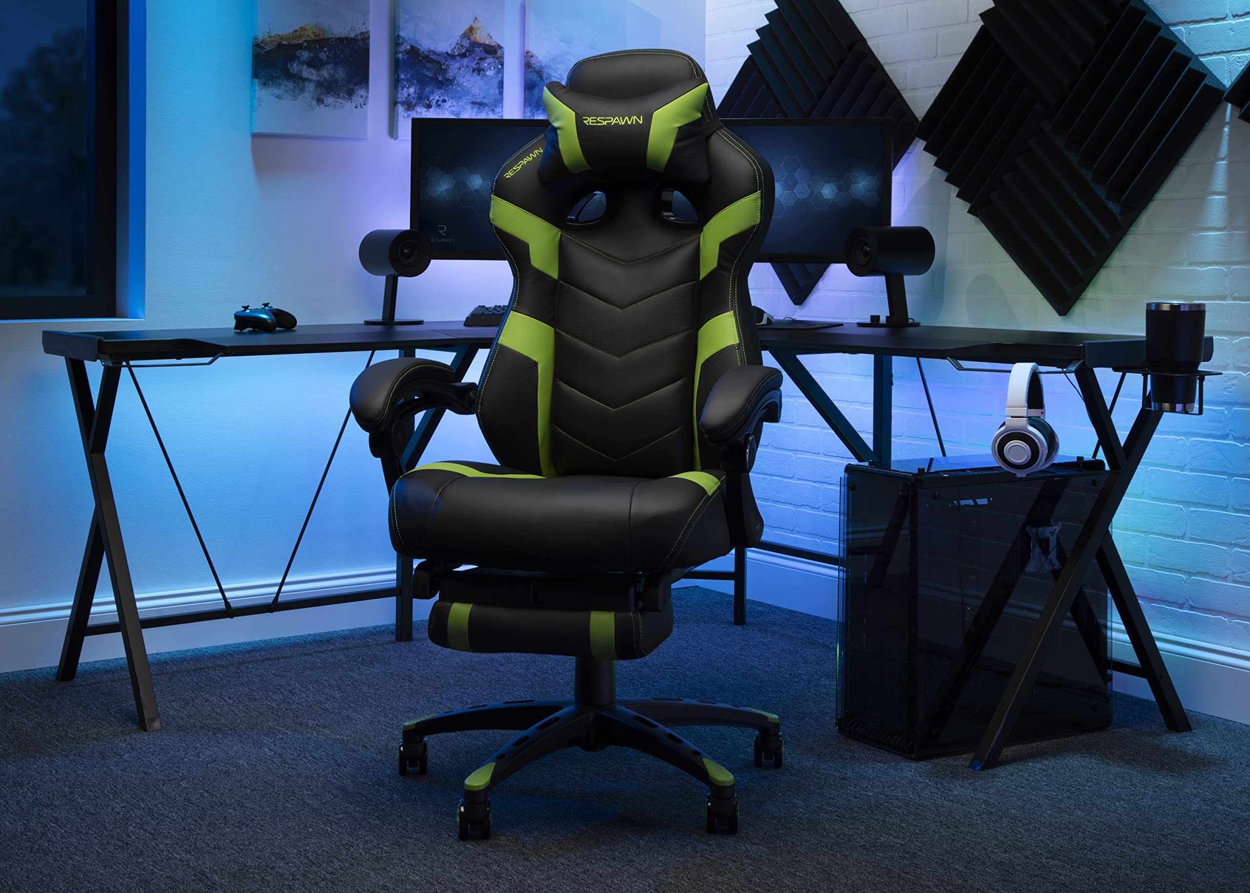 RESPAWN 110 Ergonomic Gaming Chair with Footrest Recliner - Racing Style High Back Office Chair for PC & Desk - 360° Swivel, Adjustable Lumbar Support & Headrest - Padded Armrests - Green (2021 Model) - Perfect for Gaming, Streaming & Home Office Workspace