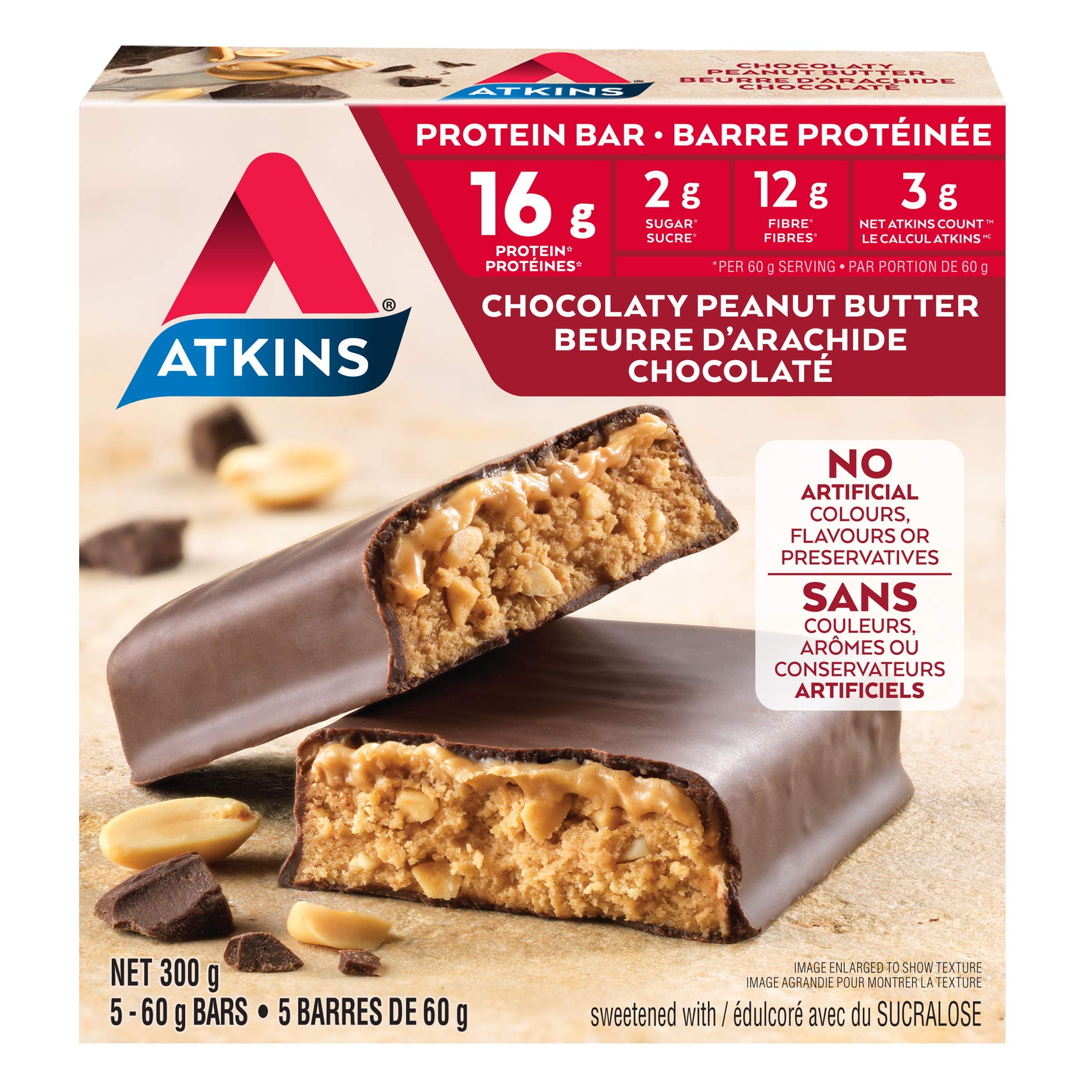Atkins Protein Bars - Chocolate Peanut Butter, Low Sugar Keto Snacks, High Protein & Fiber, 2g Sugar 3g Net Carbs (5 Count) - Perfect for Weight Loss, Gym Workouts & On-the-Go Healthy Snacking