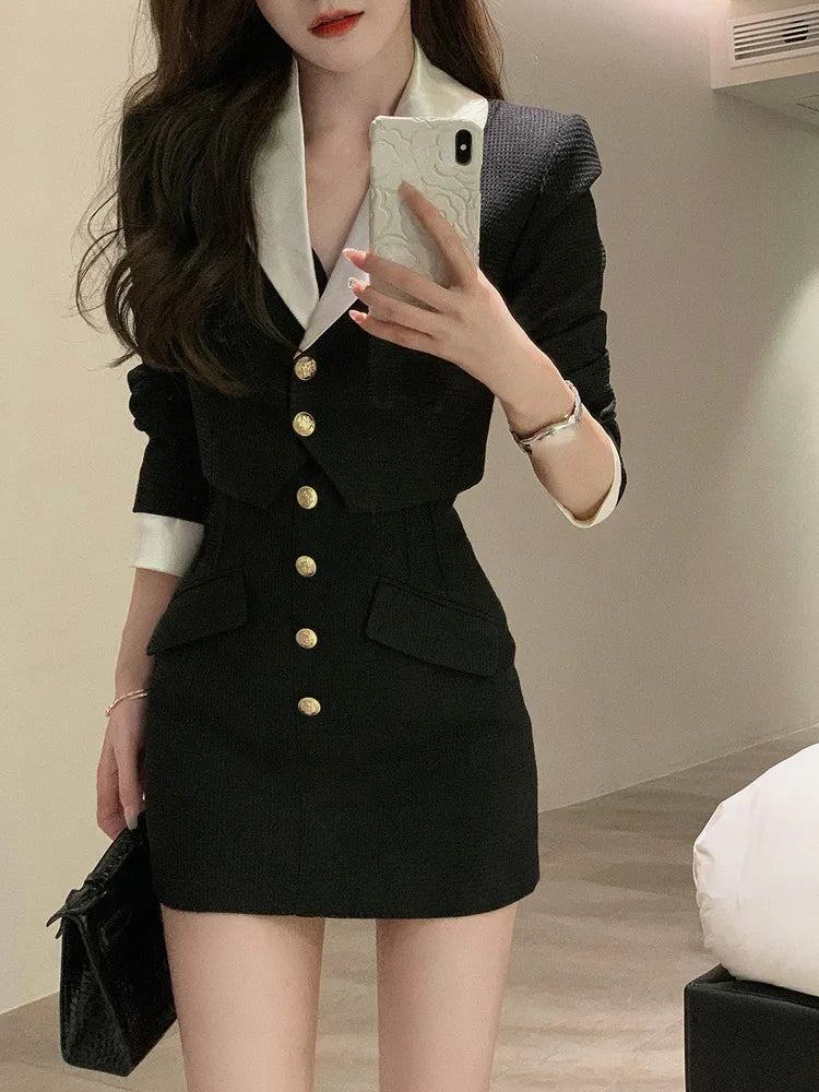 Black Y2K Mini Skirt Set for Women | Korean 2-Piece Dress Outfit with Crop Top Jacket & Short Skirt | Elegant Casual Suit for Autumn | Perfect for Dating, Parties and Streetwear Fashion