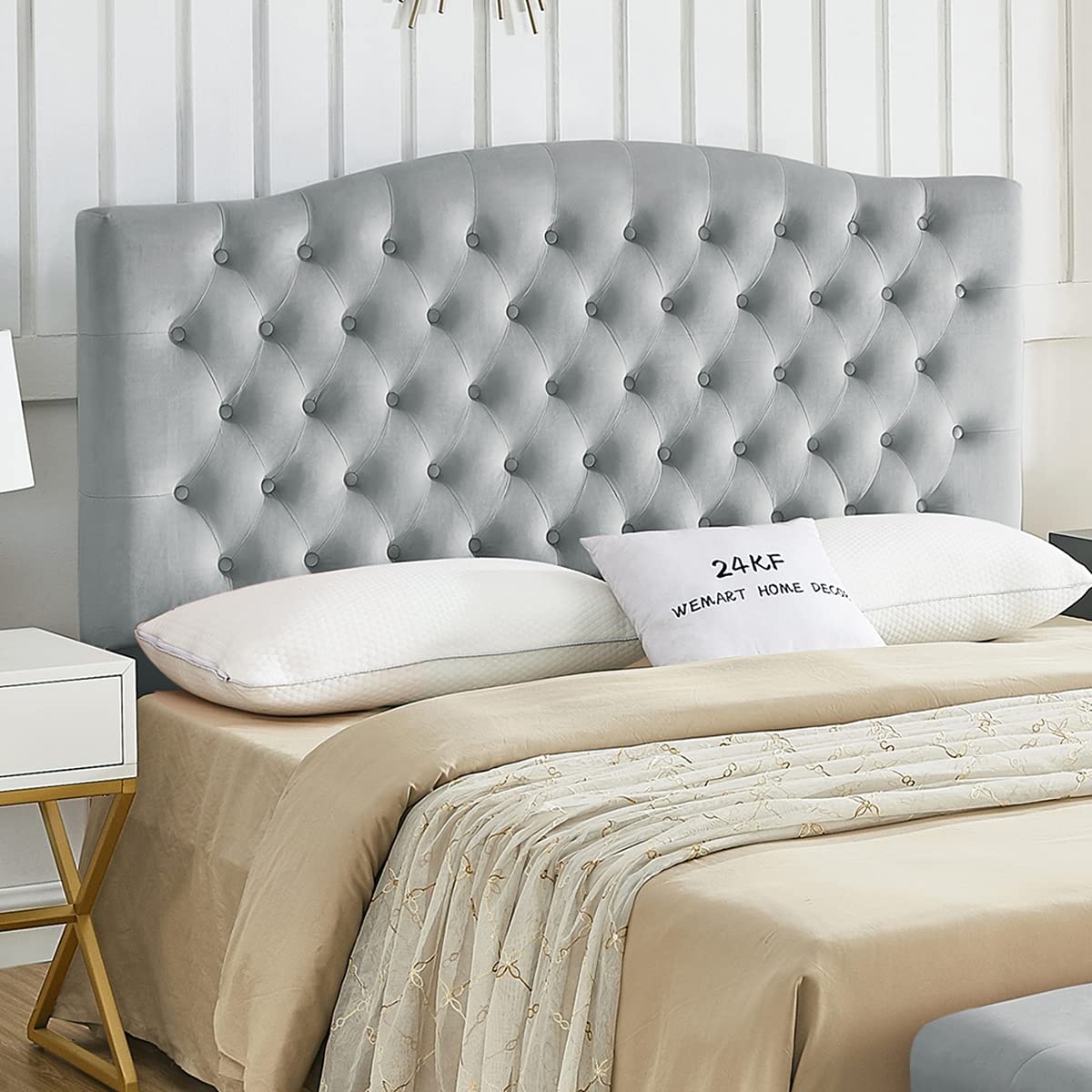 24K Gold Velvet Upholstered Tufted Button Queen Headboard - Luxurious Gray Fabric Bed Frame for Full/Queen Size Beds - Perfect for Modern Bedroom Decor and Hotel Style Master Suites