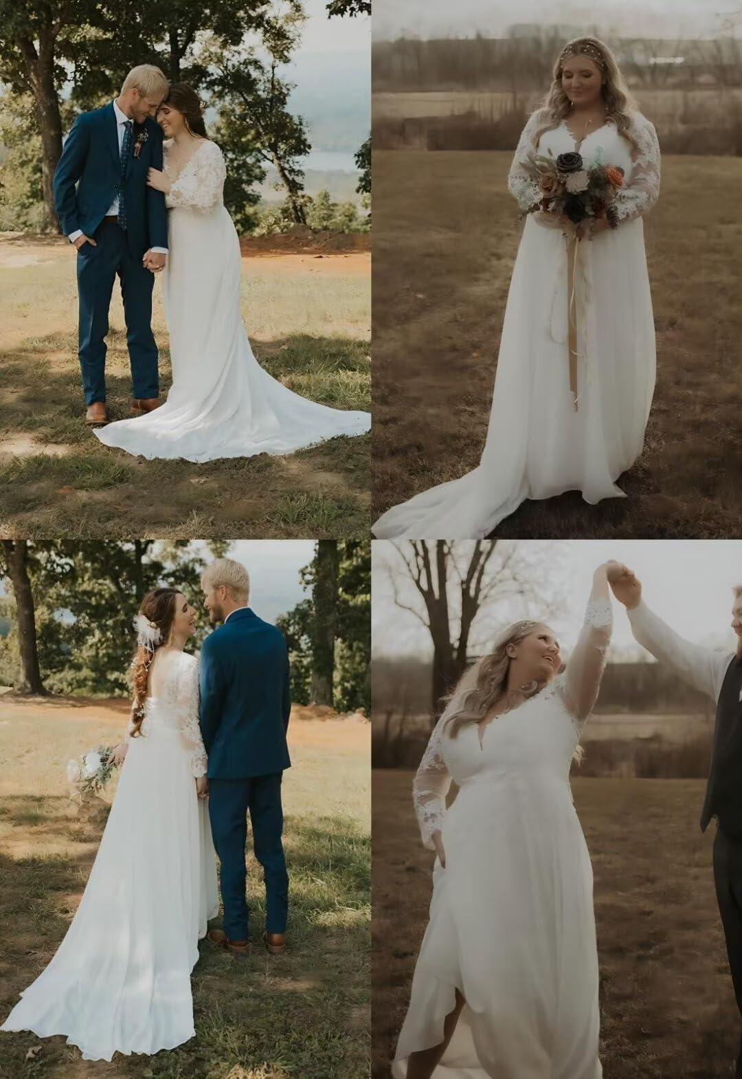 Elegant White Lace Chiffon Beach Wedding Dress for Women - Long Sleeve V-Neck A-Line Bridal Gown Size 8 | Perfect for Beach Weddings, Destination Elopements & Romantic Photoshoots