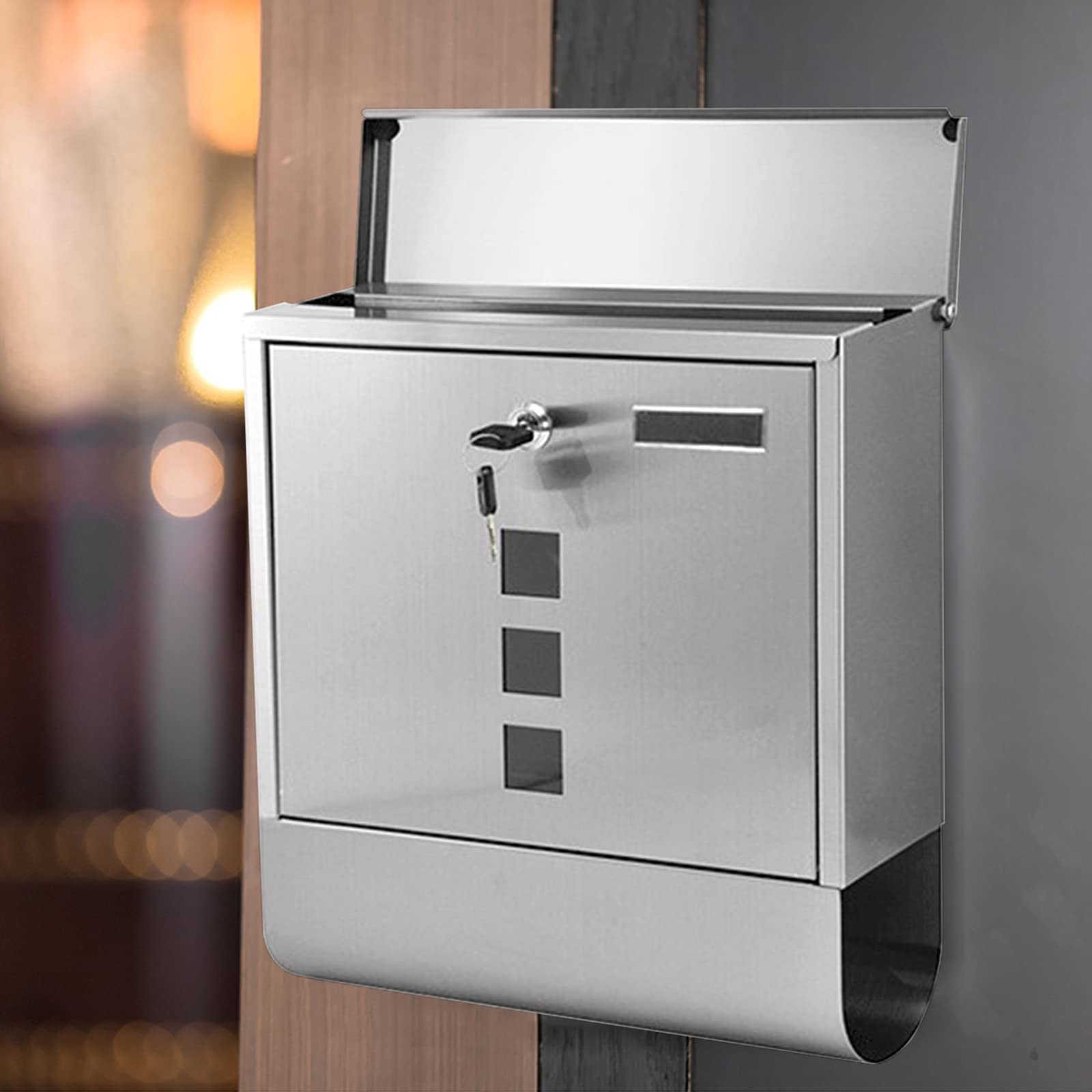 **Modern Lockable Wall Mount Mailbox - Silver Steel Security Mailbox with Key Lock, Large Metal Post Box for House (33x30x8.5cm / 13