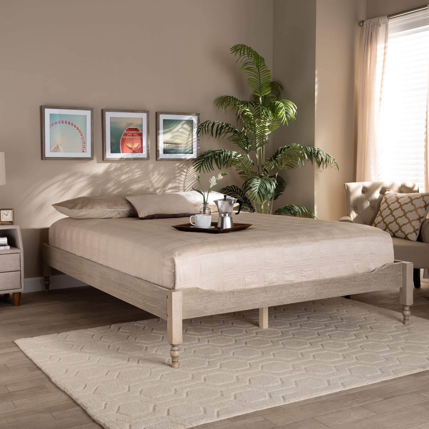 Baxton Studio Laure French Bohemian Full Size Platform Bed Frame - Antique White Oak Finish, Solid Wood Construction | Perfect for Modern & Vintage Bedroom Decor