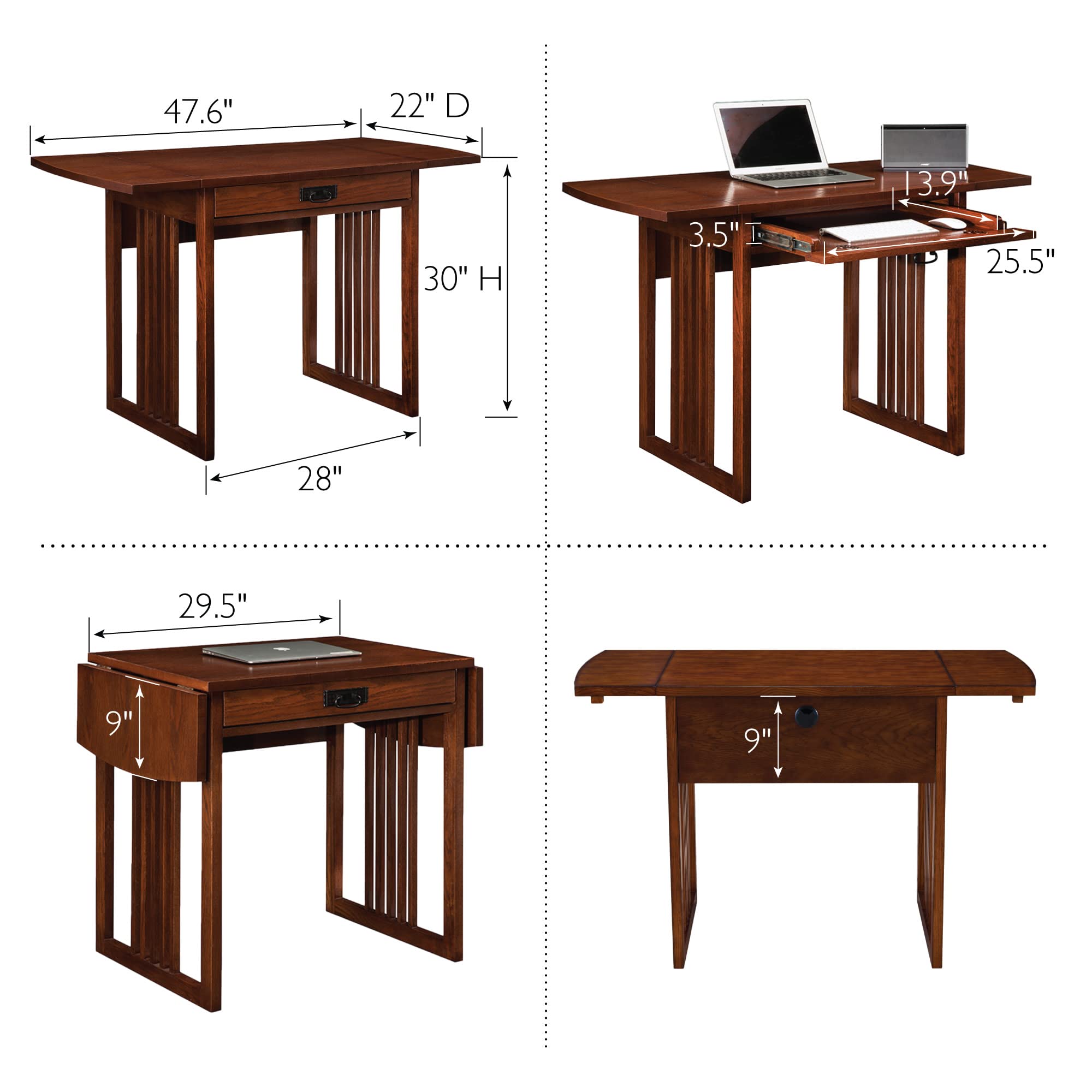 Mission Drop Leaf Computer Desk - 32-Inch Solid Wood Folding Writing Desk for Small Spaces | Compact Home Office Desk by Leick Home (Model 82420) | Perfect for Apartments, Dorms & Workspaces
