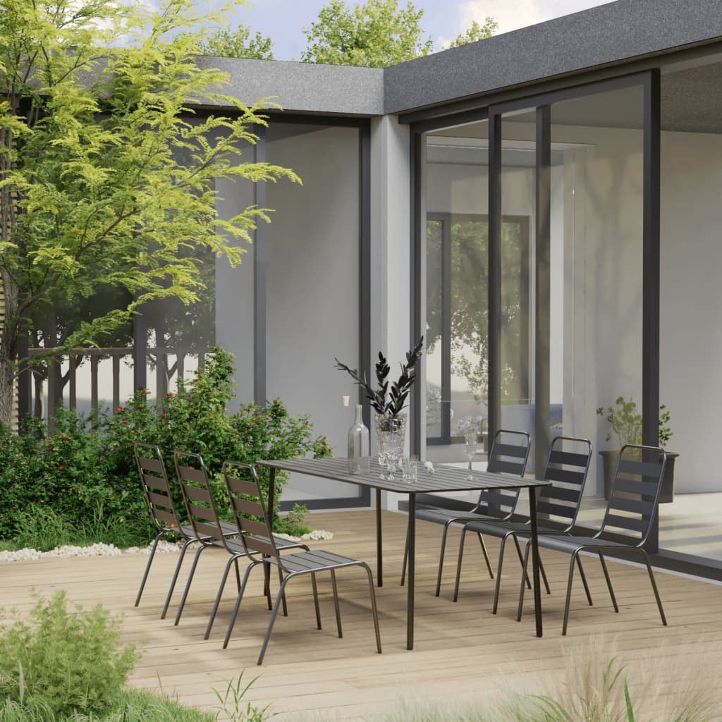 vidaXL 7-Piece Contemporary Patio Dining Set in Dark Gray - Industrial-Style Outdoor Furniture with Stackable Chairs, Durable Steel Construction - Perfect for Backyard, Garden, and Poolside Entertaining