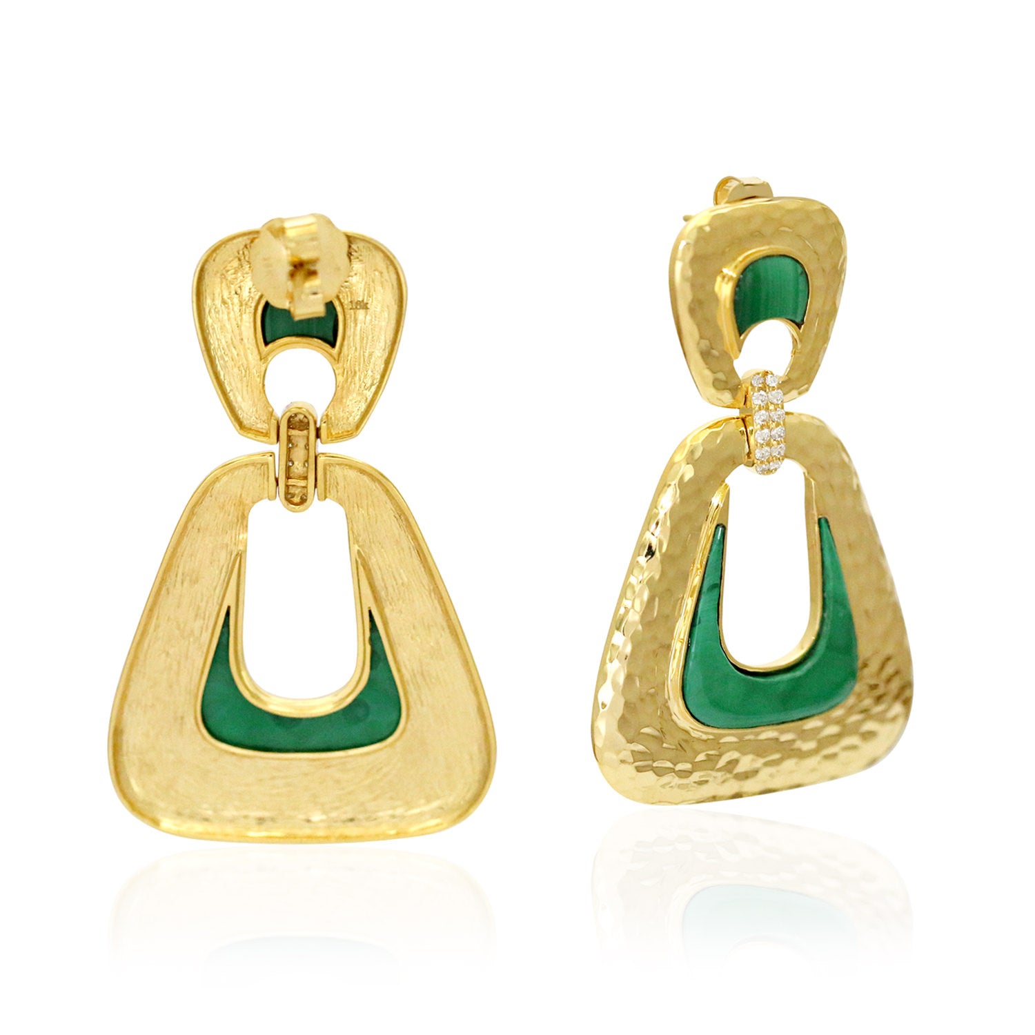 18k Yellow Gold Malachite Bezel Diamond Hammered Dangle Earrings - Elegant Statement Jewelry for Parties, Weddings & Special Occasions