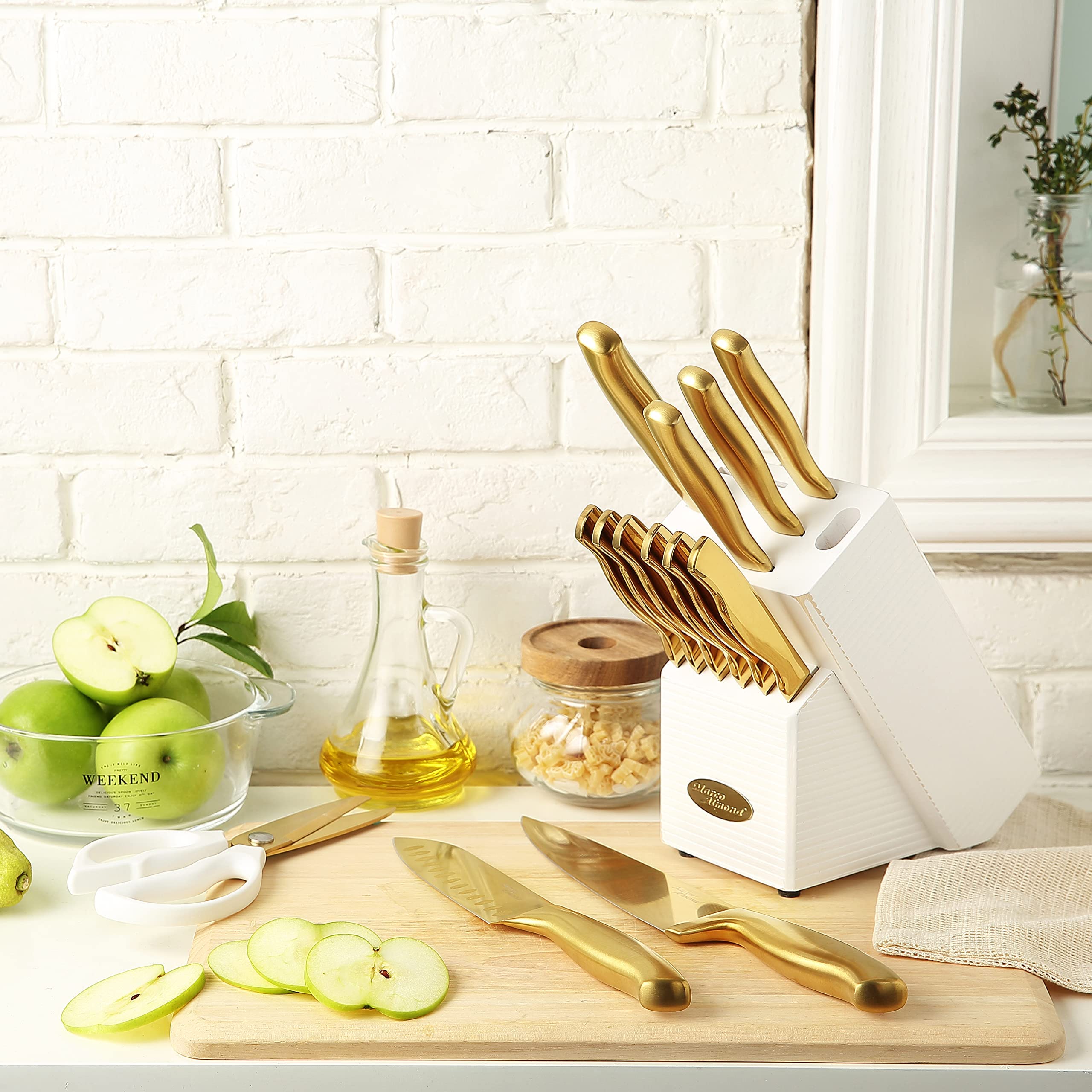 KYA23 14-Piece Golden Titanium Knife Set with Acrylic Stand - Premium Marco Almond MA21 Kitchen Knives for Slicing, Dicing & Chopping - Perfect for Home Chefs & Professional Cooking