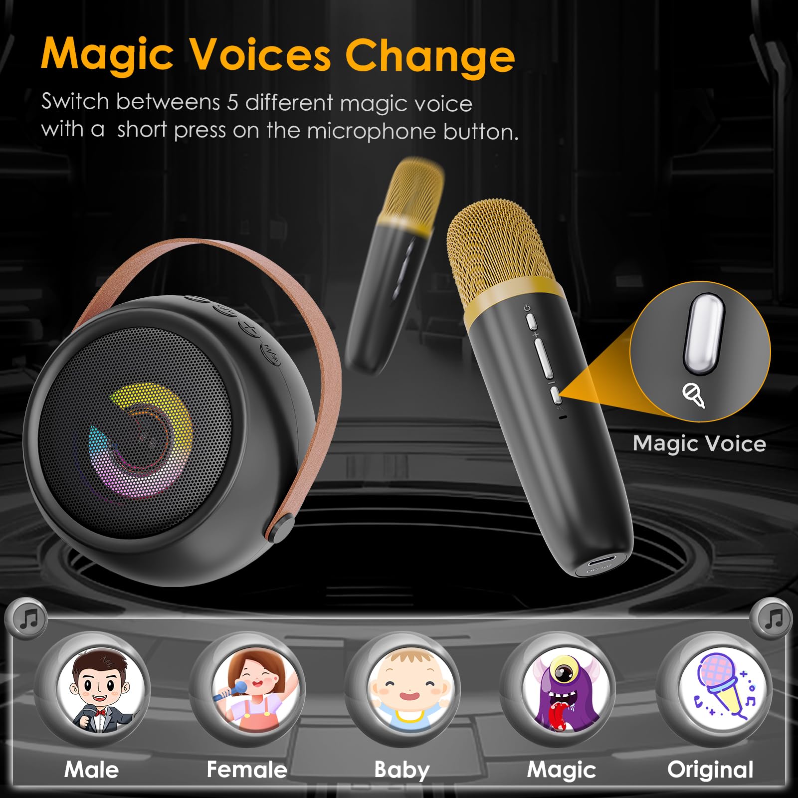 Mini Karaoke Machine for Kids - LED Wireless Portable Karaoke System with 2 Microphones | Magic Voice Technology | Perfect Christmas & Birthday Gift | Home Party, Travel Entertainment, Singing Practice (Black)