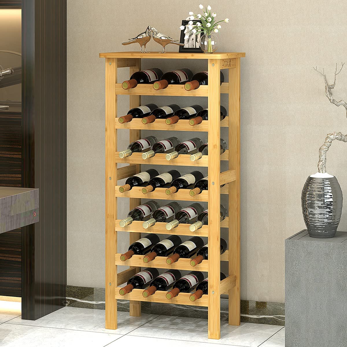 Dripex 7-Tier Bamboo Wine Rack - Free Standing Wine Holder for 27 Bottles, Kitchen & Home Storage Shelf with Table Top (47 x 29 x 102cm) - Perfect for Dining Room, Bar, Pantry & Wine Cellar Organization
