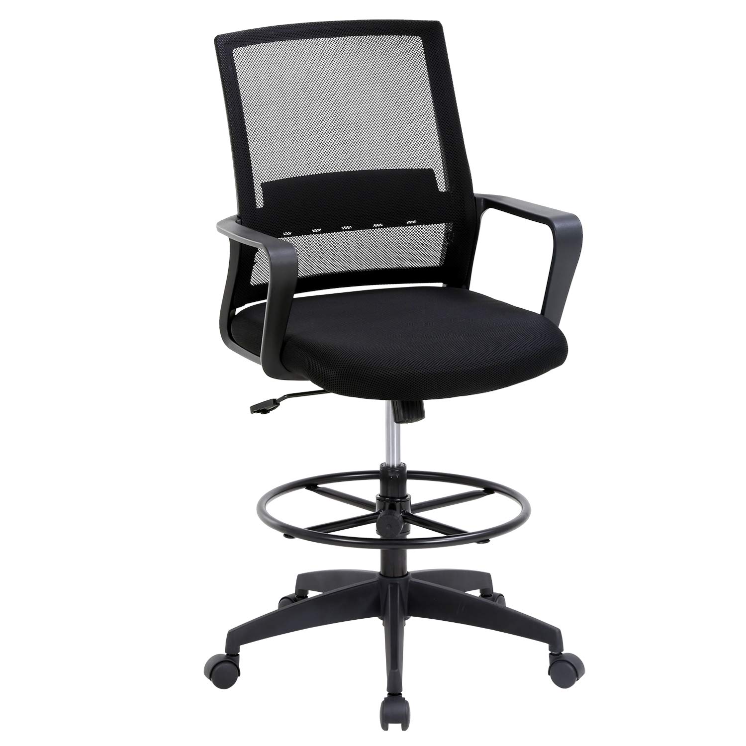 Ergonomic Adjustable Height Drafting Chair with Lumbar Support & Foot Ring - Mid Back Mesh Office Chair for Home & Workstation - Perfect for Architects, Designers & Long Hours Computer Work (Black)