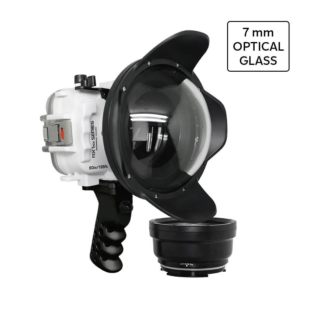 Waterproof Housing for Sony RX1xx Series - 60M/195FT Depth Rating, Aluminum Pistol Grip & 6 Optical Glass Dry Dome Port (White) - Ideal for Underwater Photography, Scuba Diving, and Marine Exploration