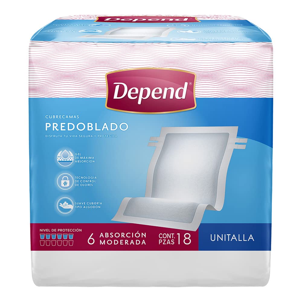 Depend Predoblado Unitalla, 18 Count, Moderate Absorbency, 60 x 90 cm - Ideal for Bed, Chair & Seat Protection - Waterproof & Reusable Incontinence Pads for Home, Hospital & Travel Use