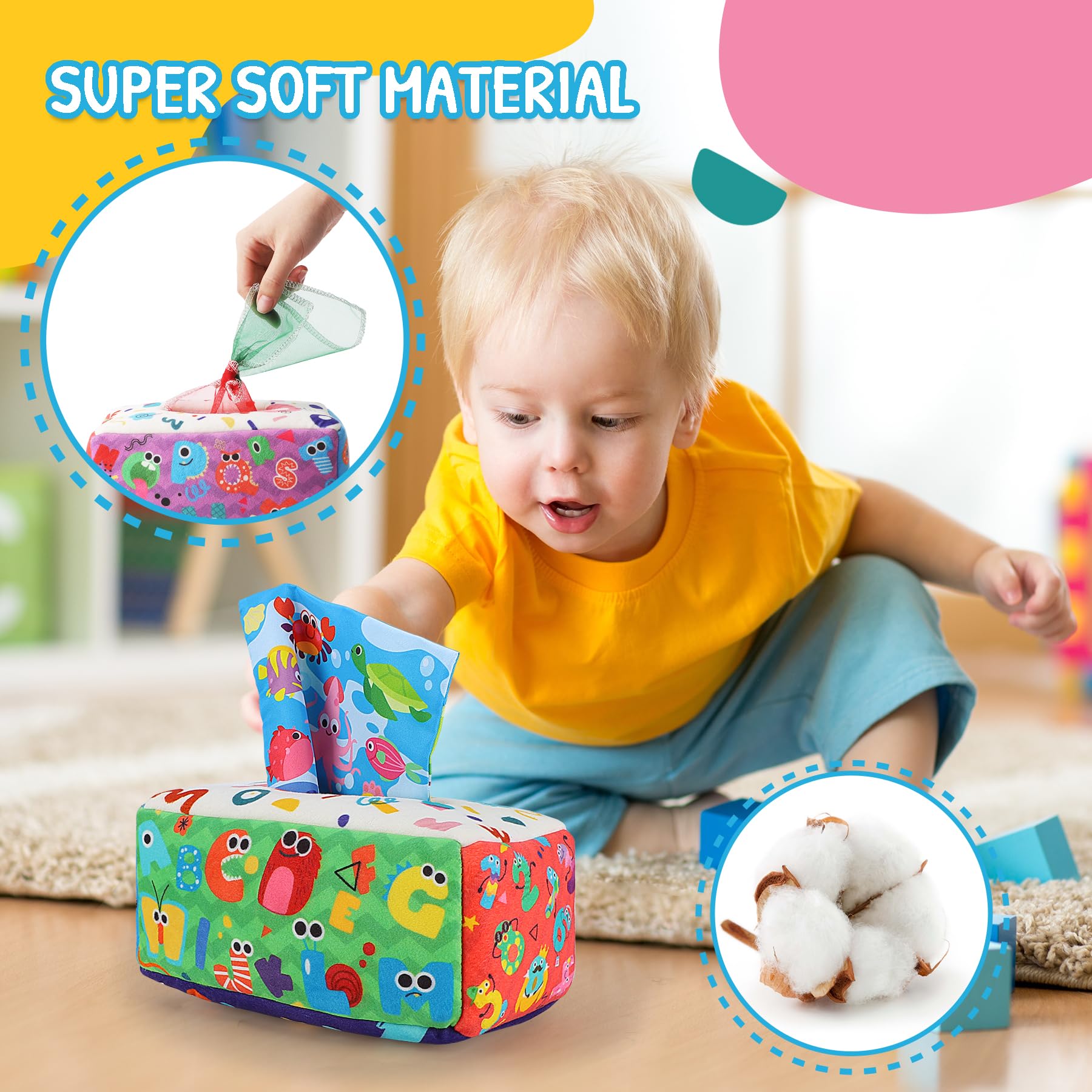URMYWO Montessori Baby Tissue Box Toy - Soft Crinkle Sensory Learning Toy for 6-12 Months Old Infants & Toddlers - Perfect Baby Shower Gift & Easter Basket Stuffer - Great for Early Development & Playtime Fun