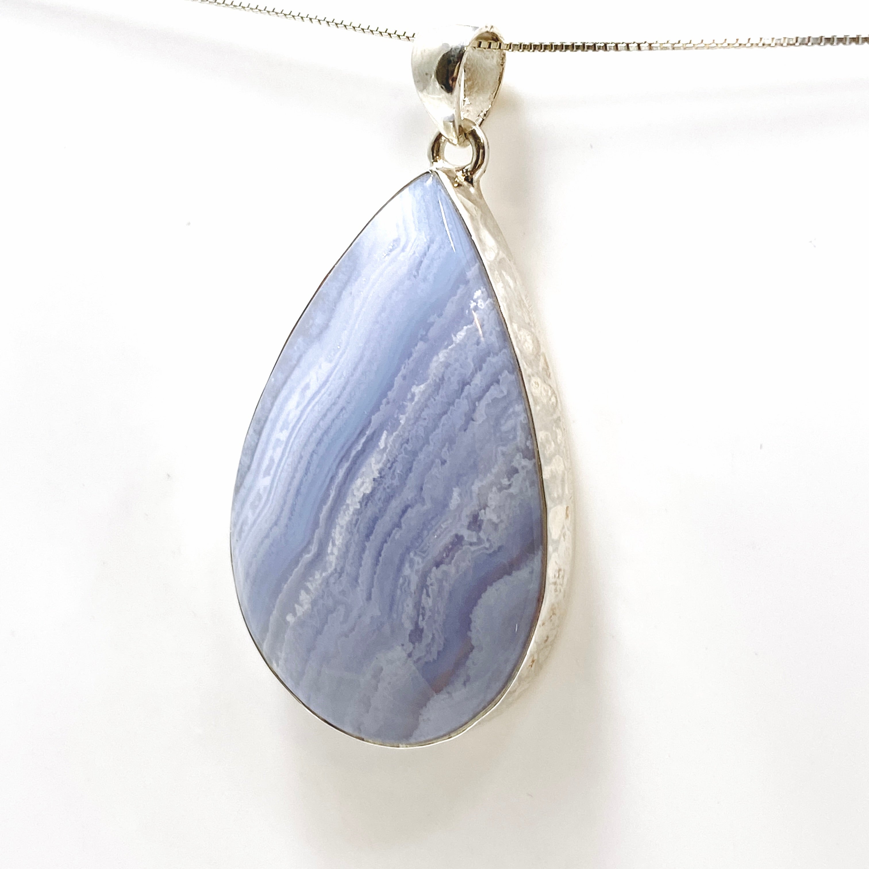Blue Lace Agate Teardrop Cabochon Pendant in Hammered Silver Setting - KPGJ4831 | Handmade Jewelry for Women, Boho Chic Necklace for Everyday Wear & Special Occasions