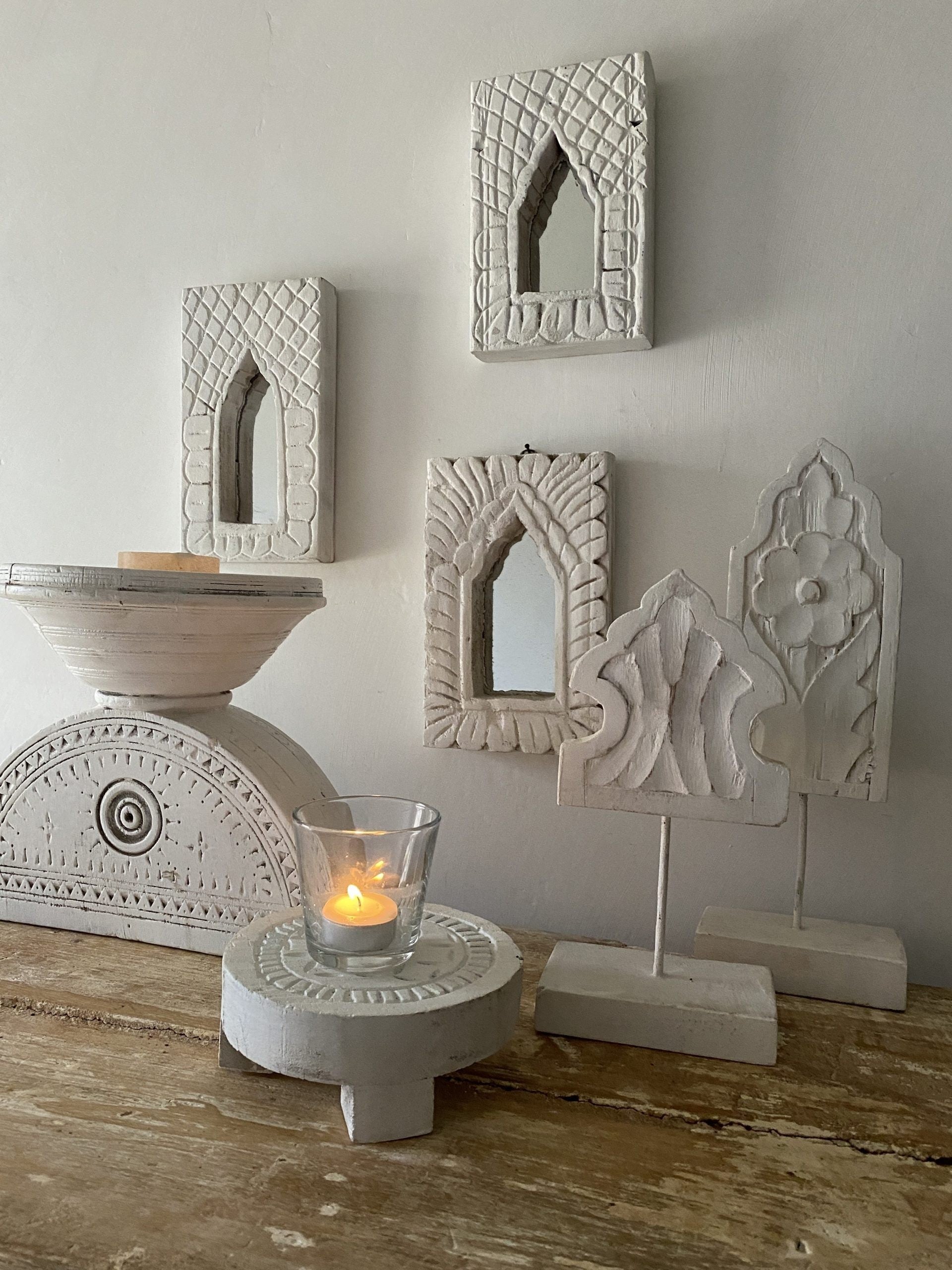 Hand Carved Indian Solid Wood Temple Mirror - 21cm Whitewashed Wall Decor for Home, Bedroom, Living Room & Meditation Space - Traditional Boho Style Mirror with Intricate Designs