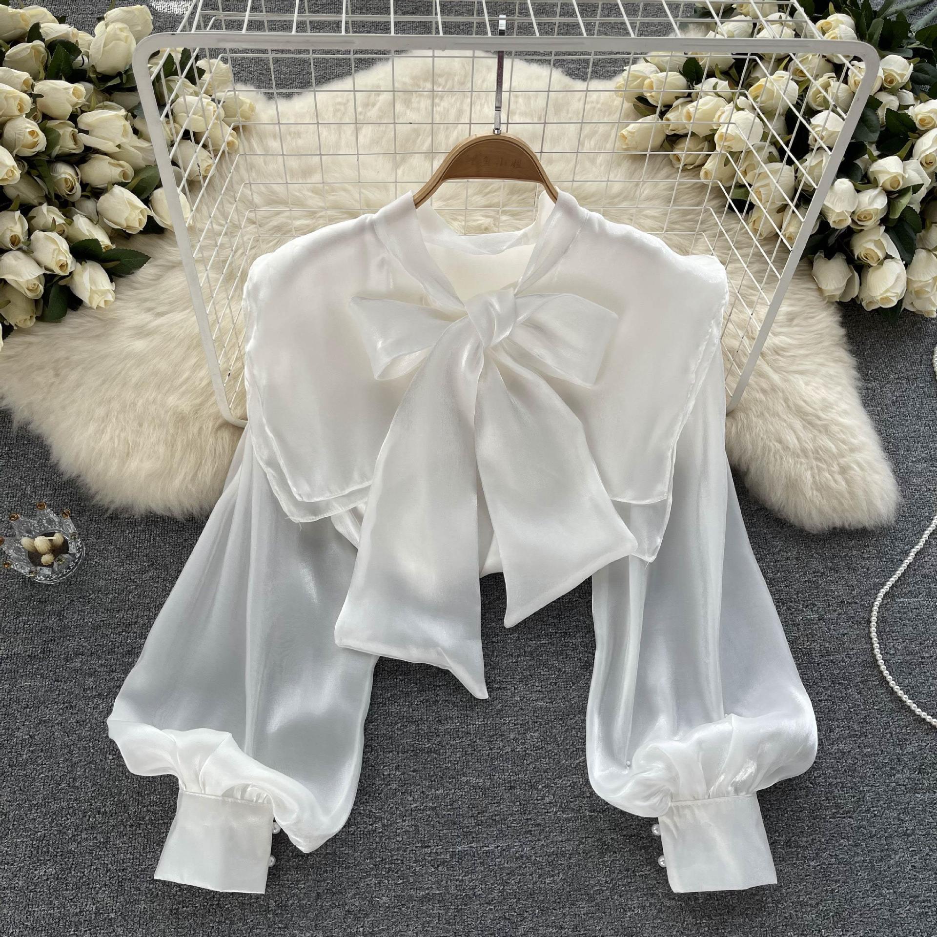 French Sweet Bowknot Lantern Sleeve Blouse - Women's Elegant Autumn Dress Top with Streamer Details | Perfect for Fall Weddings, Office Wear & Date Night Outfits