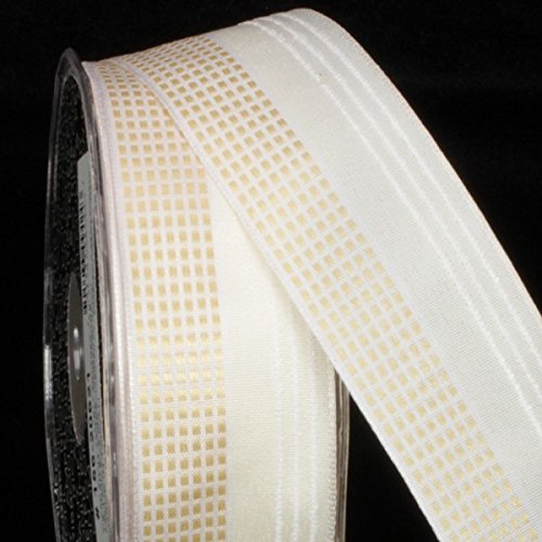 Ivory and White Small Squares Taffeta Wired Craft Ribbon - 1.5 Inch x 54 Yards Bulk Roll for Gift Wrapping, Wedding Decor, DIY Crafts and Party Favors
