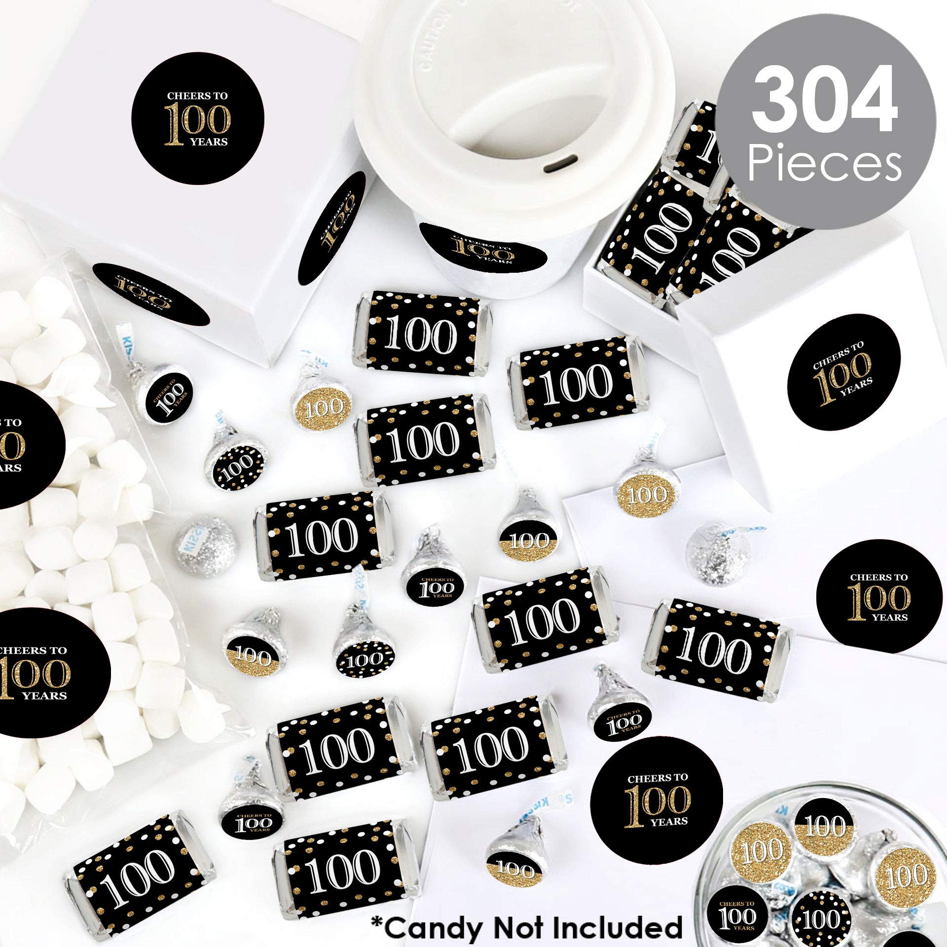 Big Dot of Happiness Adult 100th Birthday Gold Mini Candy Bar Wrappers & Circle Stickers - 304 Piece Birthday Party Favor Kit for Milestone Celebrations, Candy Buffets & Gift Wrapping