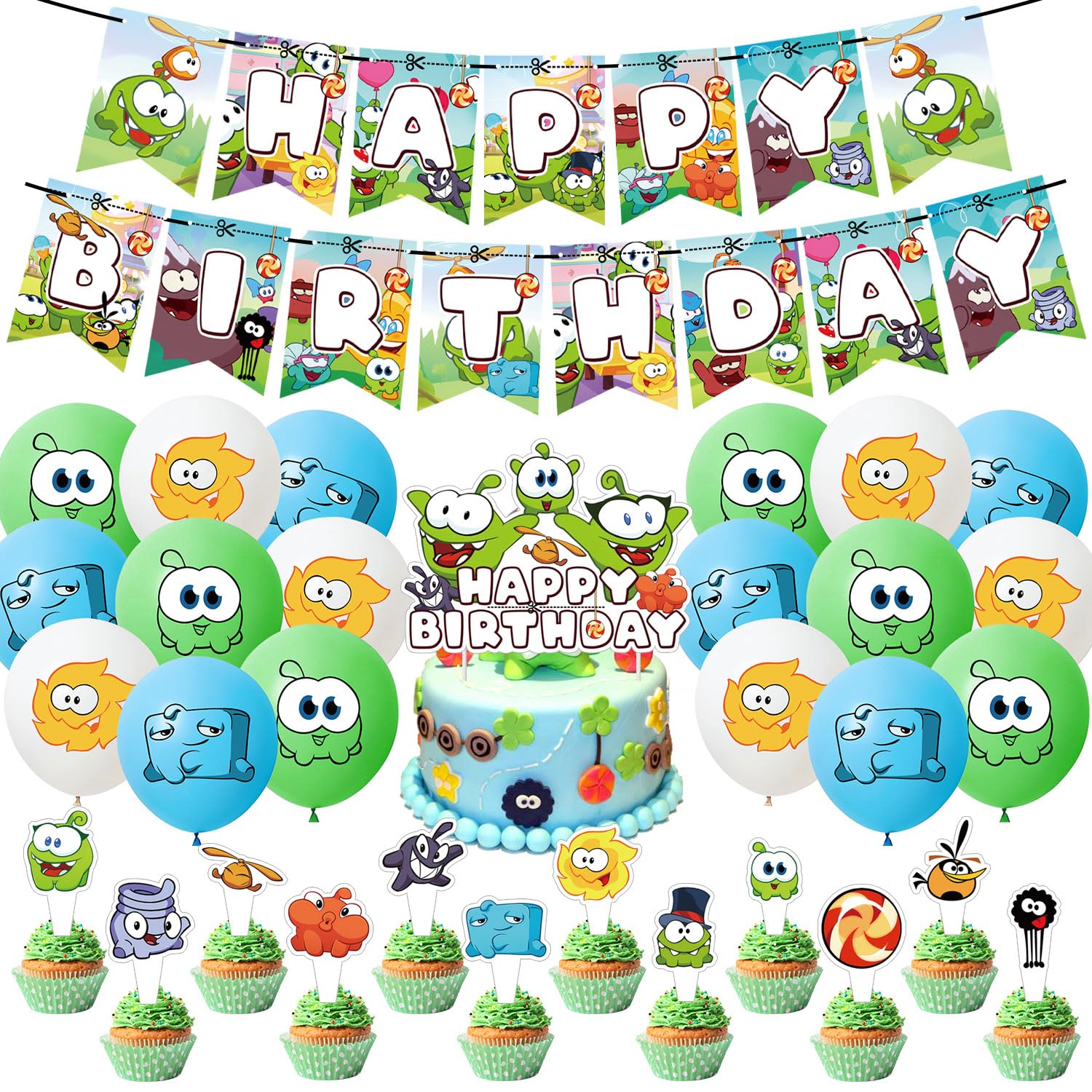 Om Nom Birthday Party Decorations - 33pcs Cut The Rope Party Supplies Kit with Happy Birthday Banner, Cupcake Toppers & Balloons for Kids Birthday Party | Perfect for Om Nom Themed Birthday Celebrations, Baby Showers & Children's Events