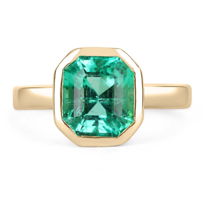 2.06 Carat 18K Gold Colombian Emerald Bezel Set Solitaire Ring - Transparent Green Gemstone for Engagement, Wedding, Anniversary & Special Occasions