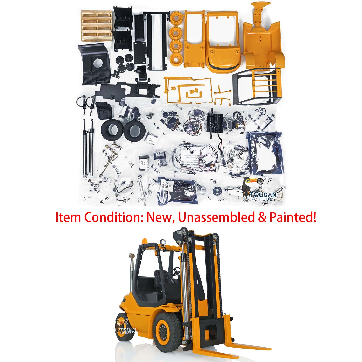 1/14 Scale LESU RC Metal Forklift Kit - Unassembled with Painted Body, Warning Lights, Sound System & Electronic Servo Motor for Realistic Construction & Warehouse Simulation