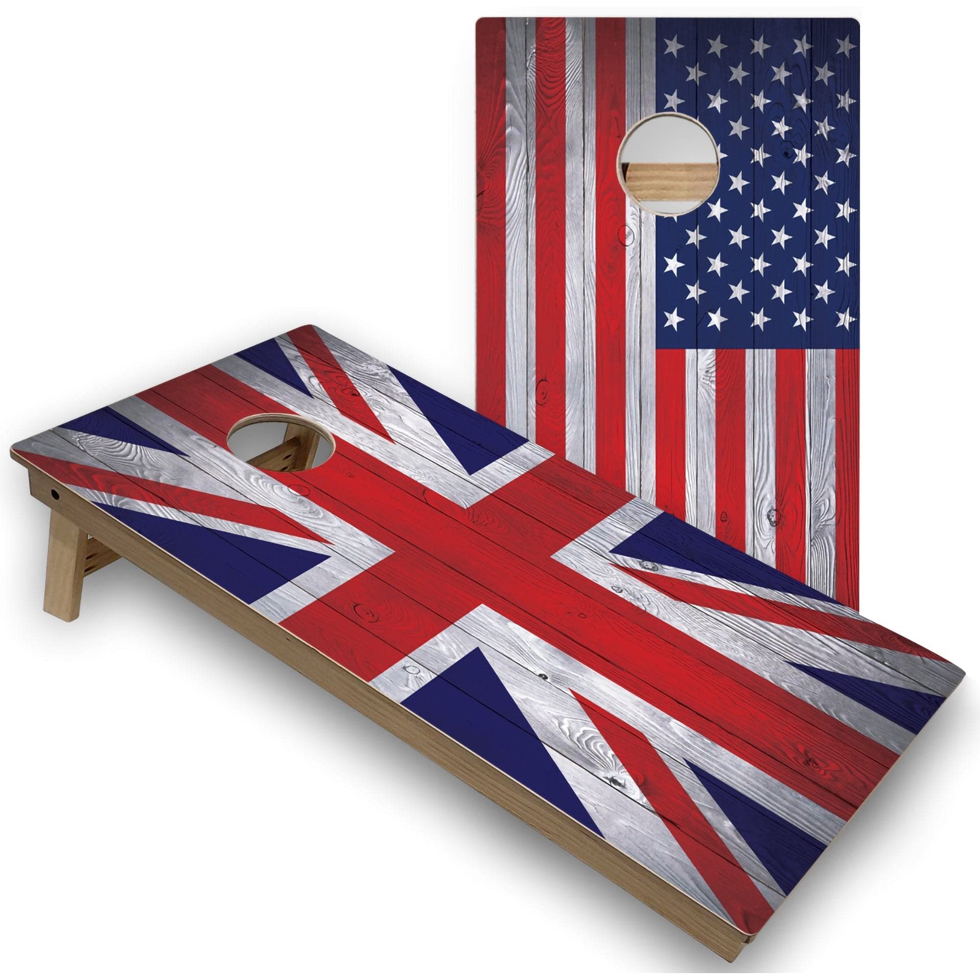 Skip's Garage Regulation Size Cornhole Game Set - American & UK Flag Design - Solid Wood or All-Weather Portable Bean Bag Toss for Backyard, Tailgating & Outdoor Parties