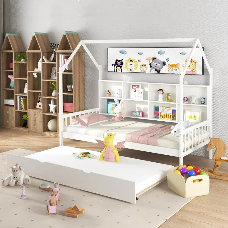 Montessori Twin Size Daybed for Kids with Roof and Storage Shelves - White - Perfect for Bedrooms, Playrooms, and Montessori Learning Spaces