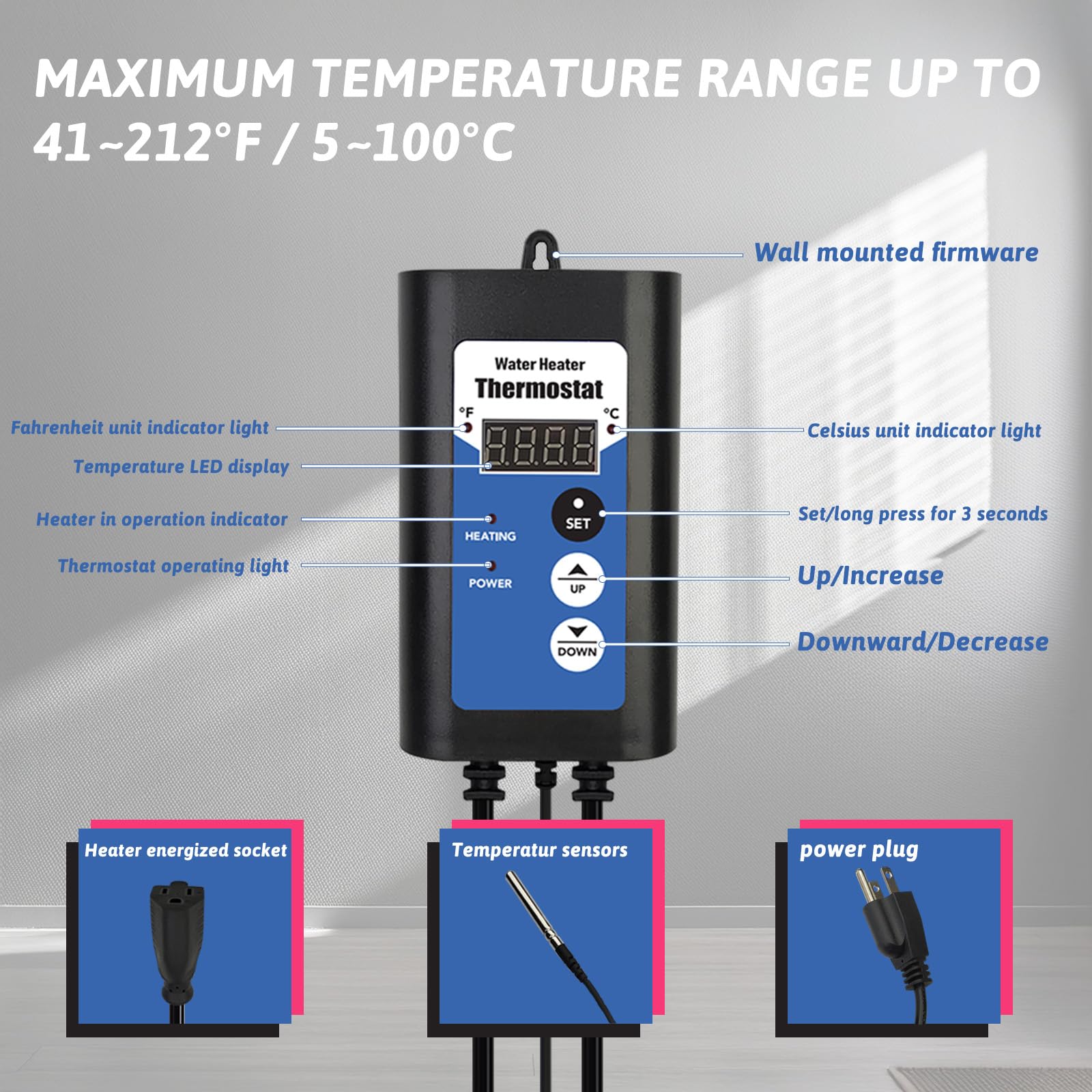 1000W Portable Immersion Water Heater - Submersible Electric Heater with Thermostat & GFCI Protection for Hot Tubs, Bathtubs, Buckets, Pools - Fast Heating for Spa, Livestock Water Troughs, and Home Use