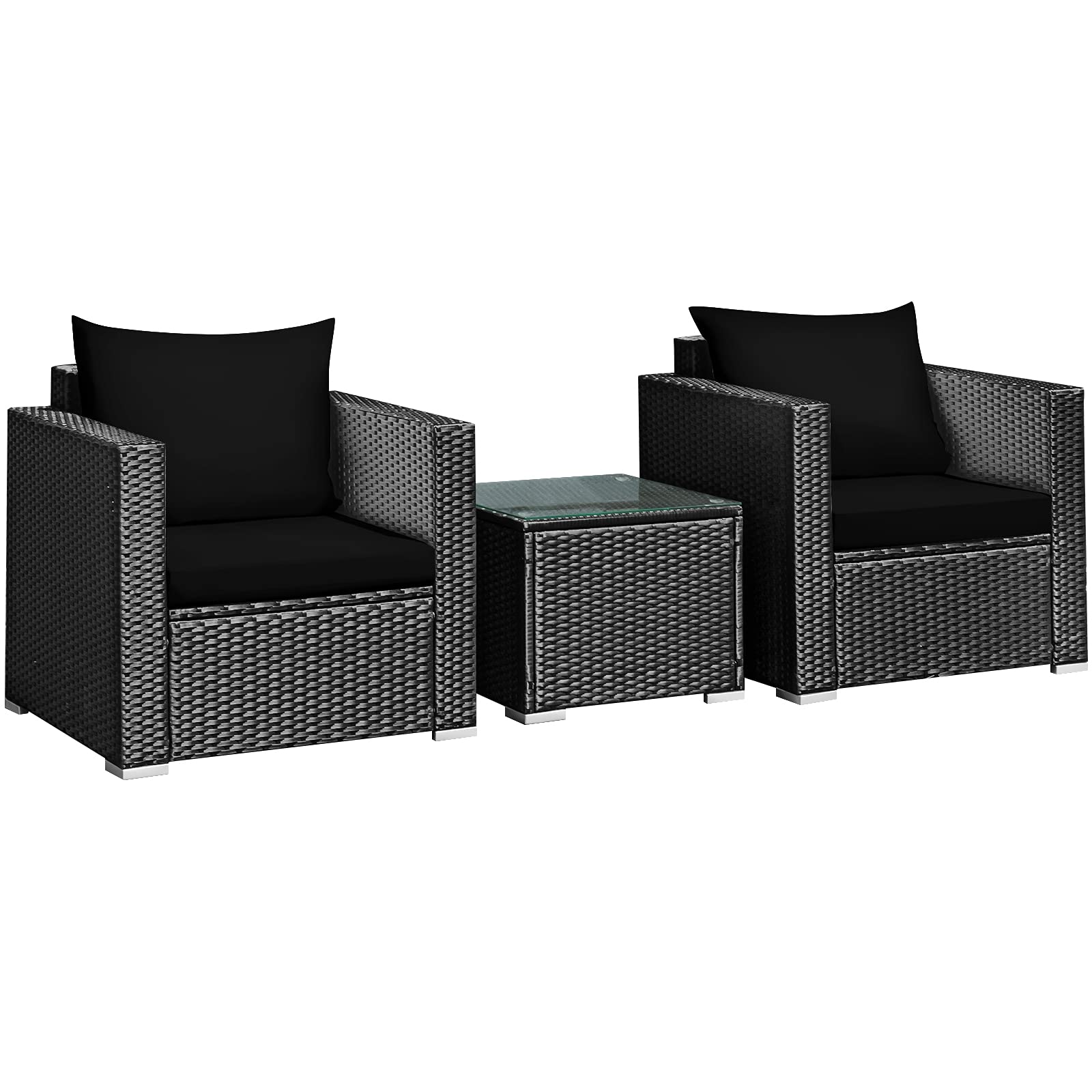 Tangkula 3-Piece Outdoor Patio Furniture Set with Washable Cushions & Tempered Glass Table - PE Wicker Rattan Sofa Set for Garden, Poolside, Balcony - Perfect for Backyard Relaxation and Outdoor Entertaining