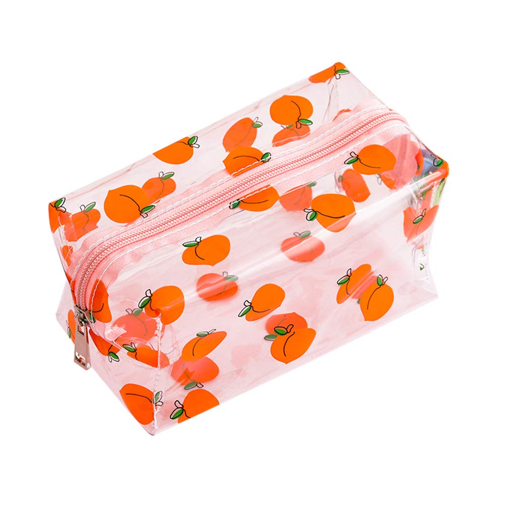Crystal Clear Cosmetic Bags for Women - Waterproof Travel Toiletry & Makeup Organizer with Portable Brush Storage - Cute Cartoon Design (Peaches) - Perfect for Travel, Gym, and Daily Beauty Routine