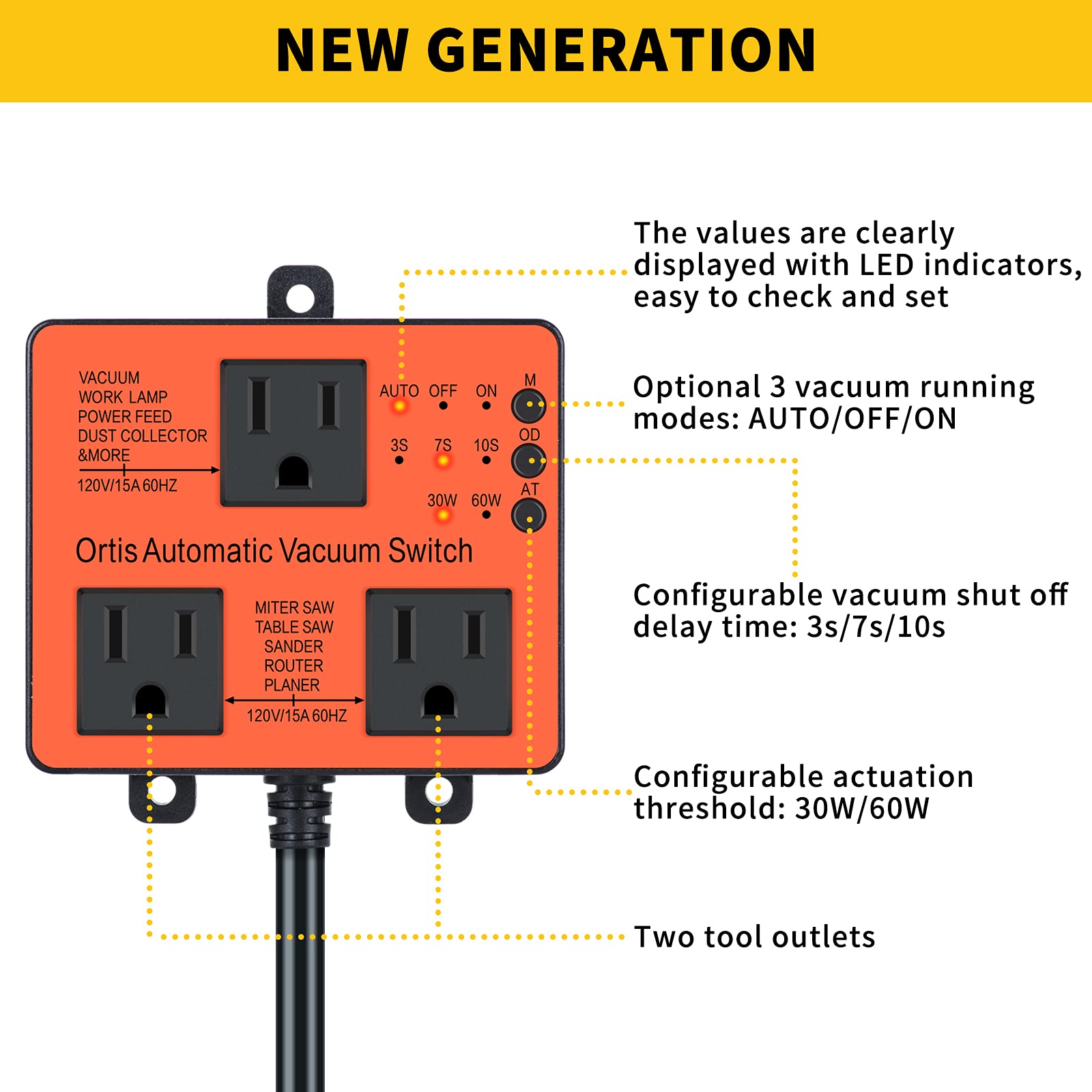 Ortis Automatic Vacuum Switch with Delay On/Off - Dust Control Auto Switch for Power Tools, Adjustable Actuation Threshold to Prevent Circuit Overload - Perfect for Woodworking, Sanding & Construction Sites