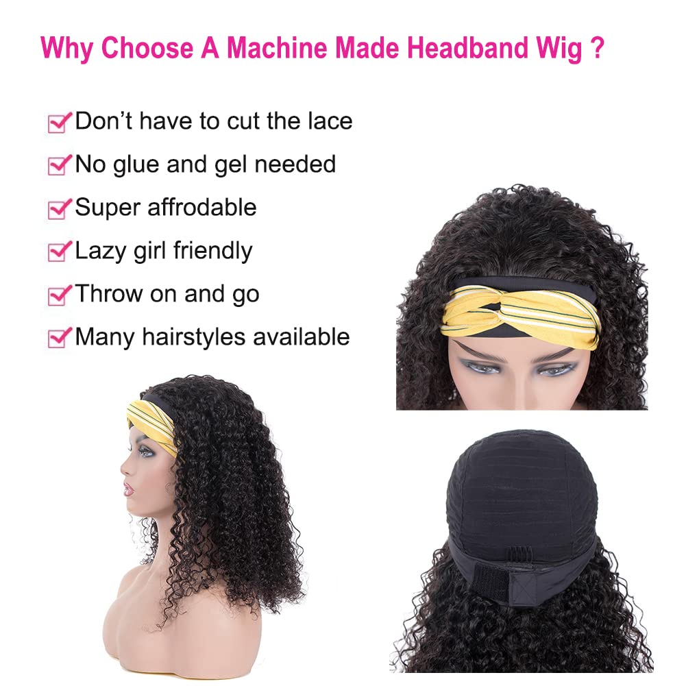 10A 180% Density Kinky Curly Human Hair Headband Wigs for Black Women - Glueless No Lace Front Natural Color 24 Inch - Perfect for Daily Wear, Parties & Protective Styling