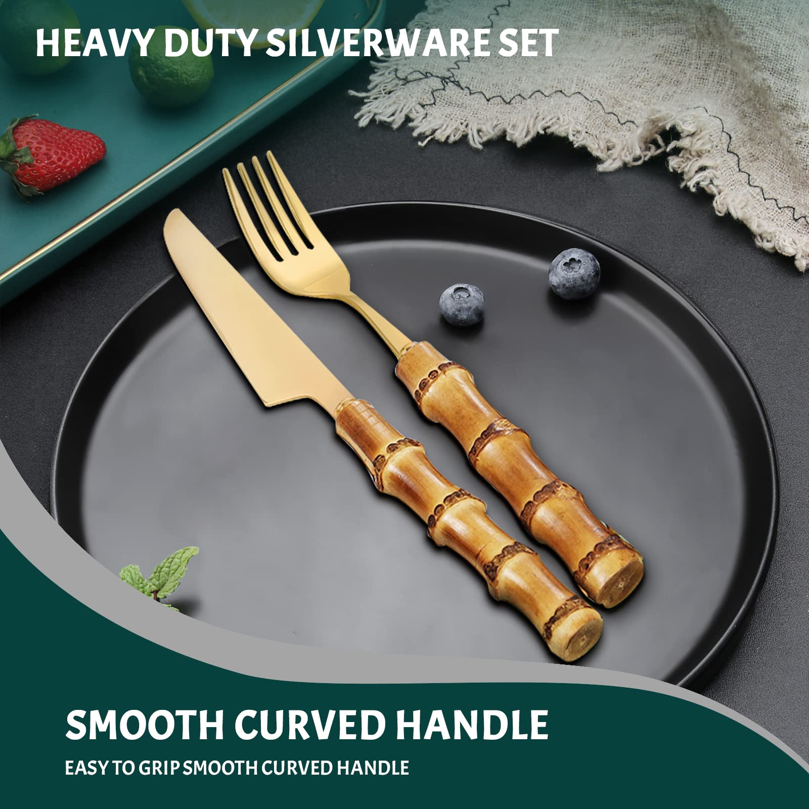 Premium 60-Piece Bamboo Handle Silverware Set for 12 - 18/8 Stainless Steel Golden Flatware Cutlery Set - Dishwasher Safe Kitchen Utensils - Perfect for Dinner Parties, Restaurants & Everyday Dining (12 Place Settings)