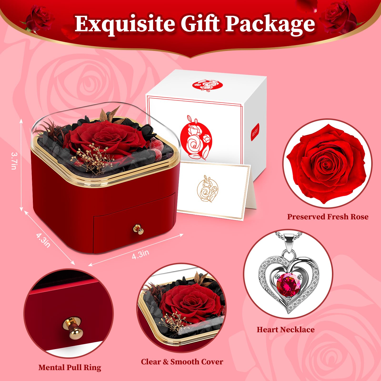 Real Preserved Rose Heart Necklace - Romantic Eternal Flower Jewelry Gift for Women, Girlfriend, Wife, Mom, Grandma - Birthday, Anniversary, Christmas Present (Red) - Perfect for Special Occasions & Keepsake Memories